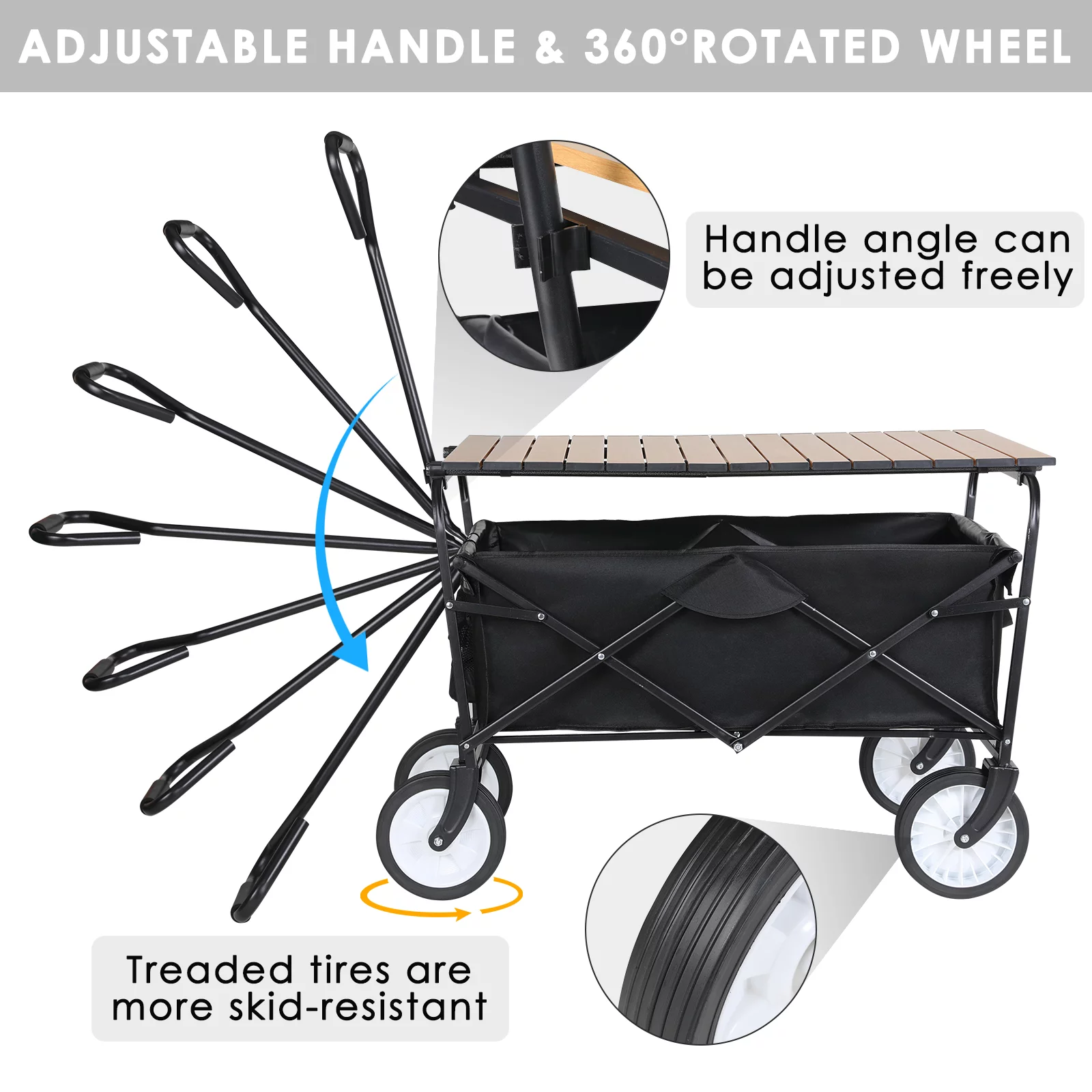 Increkid Collapsible Camping Wagon Cart Folding Trolley Cart with Folding Tabletop, Black