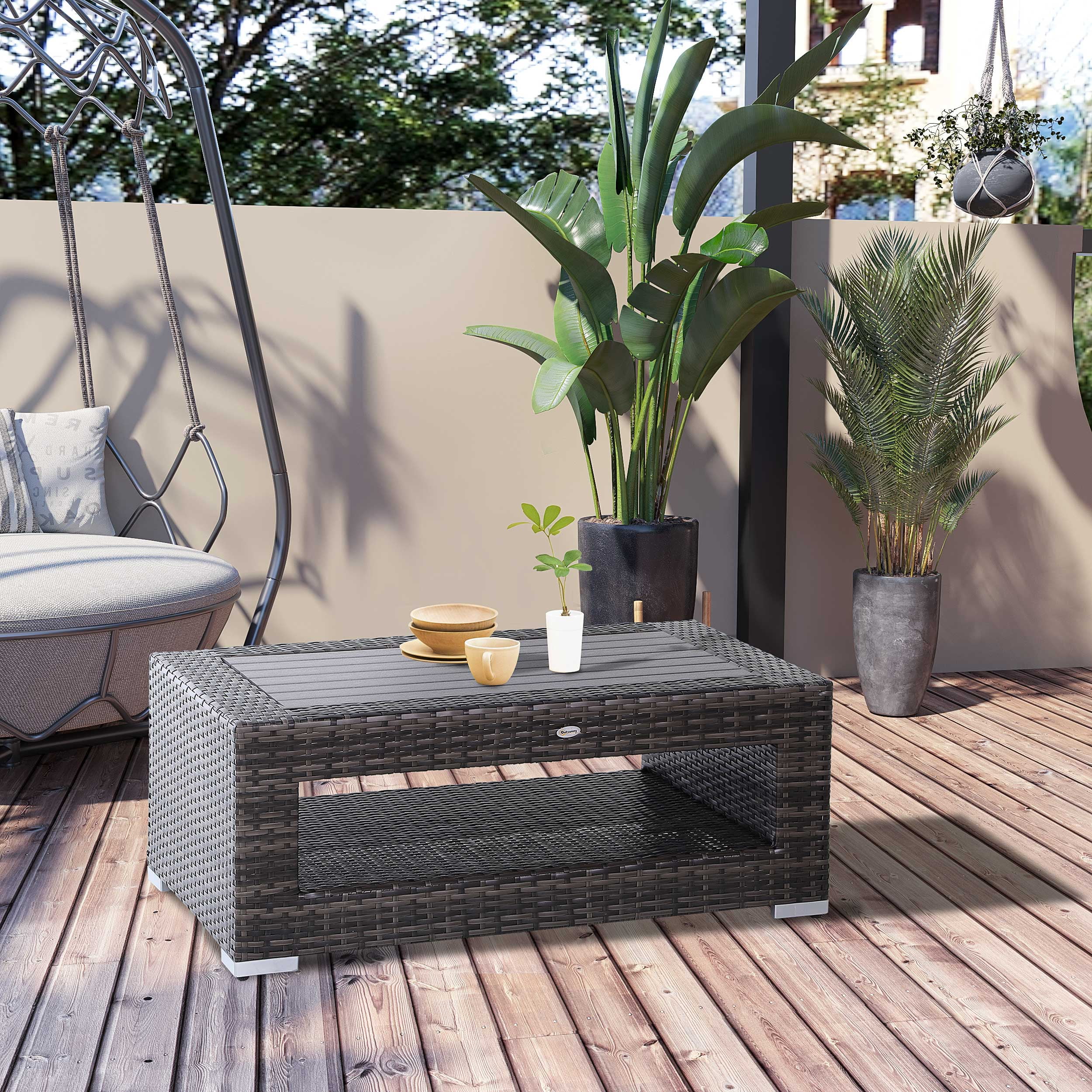 Outsunny Wicker Coffee Table with Height Adjustable Feet, 2 Tier Storage Shelf, Rattan Wicker Patio Table with Deluxe Slatted Top for Outdoor, Patio, Garden, Backyard, Mixed Grey