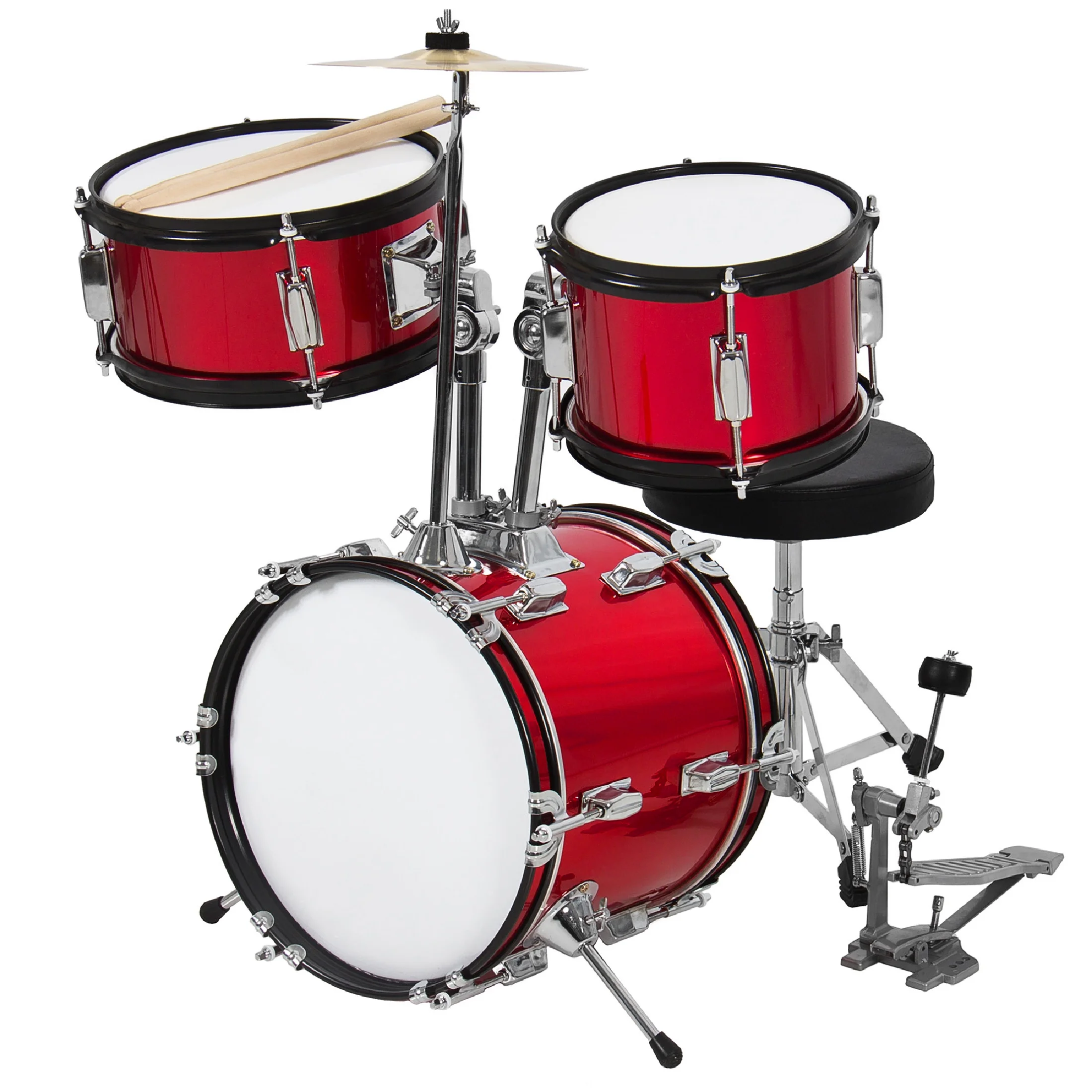 Best Choice Products Kids Beginner 3-Piece Drum, Musical Instrument Set w/ Sticks, Cushioned Stool, Drum Pedal - Red