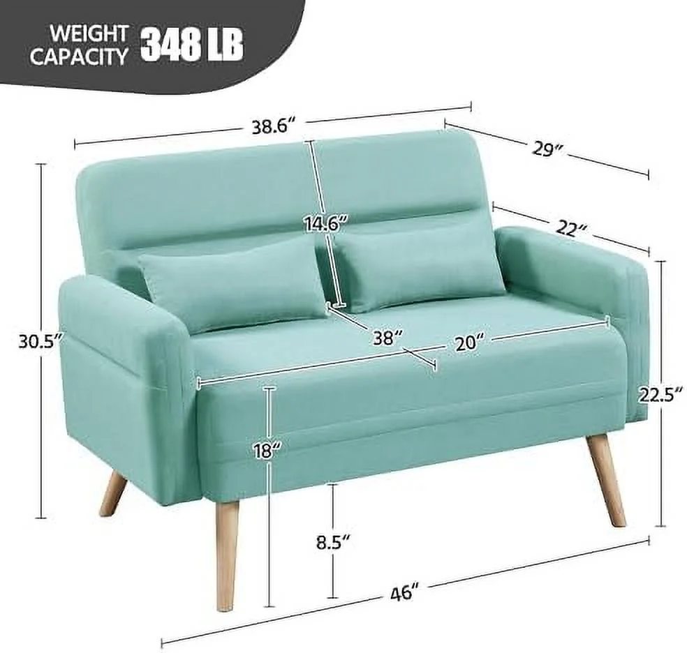 MQLIFEBOOM 46" Small Modern Fabric Sofa Loveseat Mid Century 2 Seater Sofa Couch with Lumbar Pillows  Solid Wood Legs for Small Space  Dorm  Office  Bedroom  Dark Gray