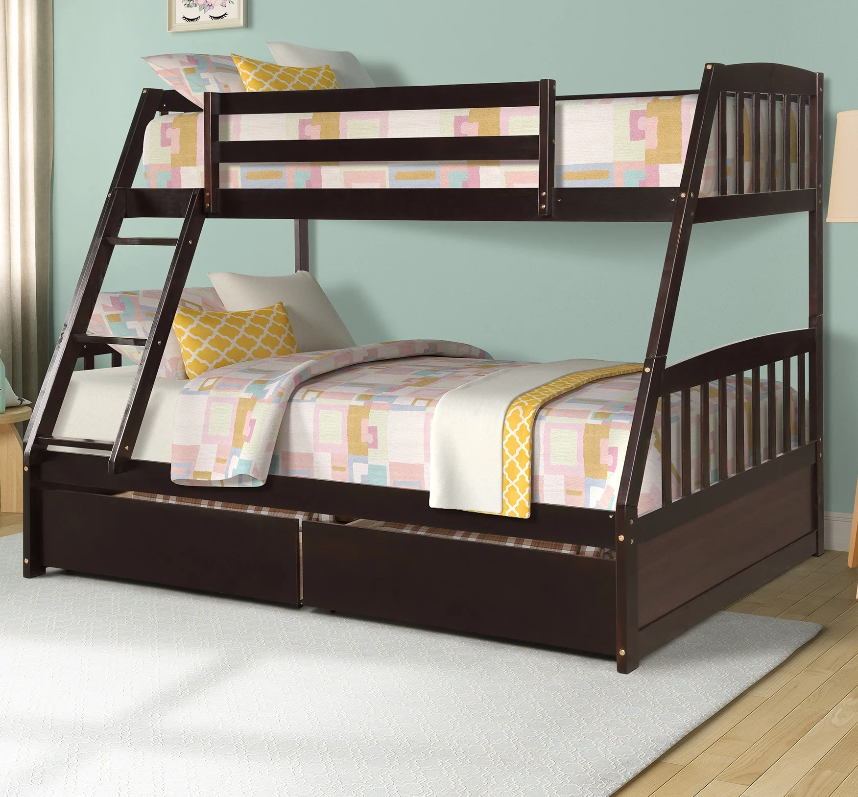 Solid Wood Twin Over Full Bunk Beds with 2 Storage Drawers, Bunk Beds for Kids with Ladder and Guard Rail