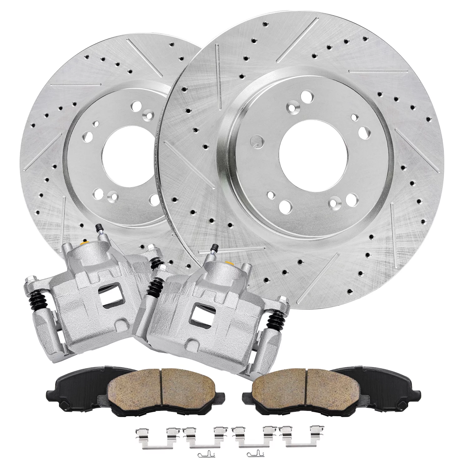 Detroit Axle - Front Brake Kit for Chrysler 200 Sebring Dodge Caliber Avenger Jeep Patriot Compass, 11.57'' Drilled Slotted Brake Rotors Disc Brake Calipers Ceramic Brake Pads Replacement