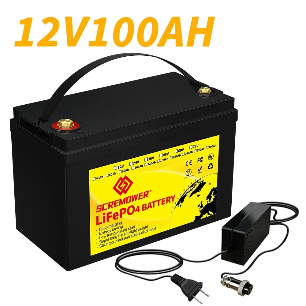 12V 100Ah LiFePO4 Battery, SCREMOWER 100A BMS Rechargeable Lithium Battery, 10000 Cycles, 1.28kWh Perfect for RVs, Caravan,Van, Boats,Home,Camping,Solar
