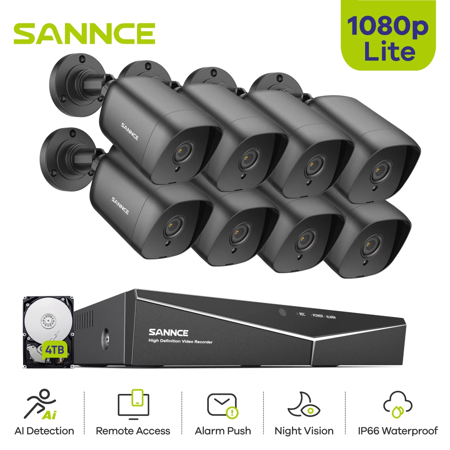 SANNCE 8CH DVR CCTV System 8PCS 2MP IP66 Waterproof Outdoor Security Bullet Cameras 1080P HDMI TVI CCTV DVR Surveillance Kit Black with 4T HDD