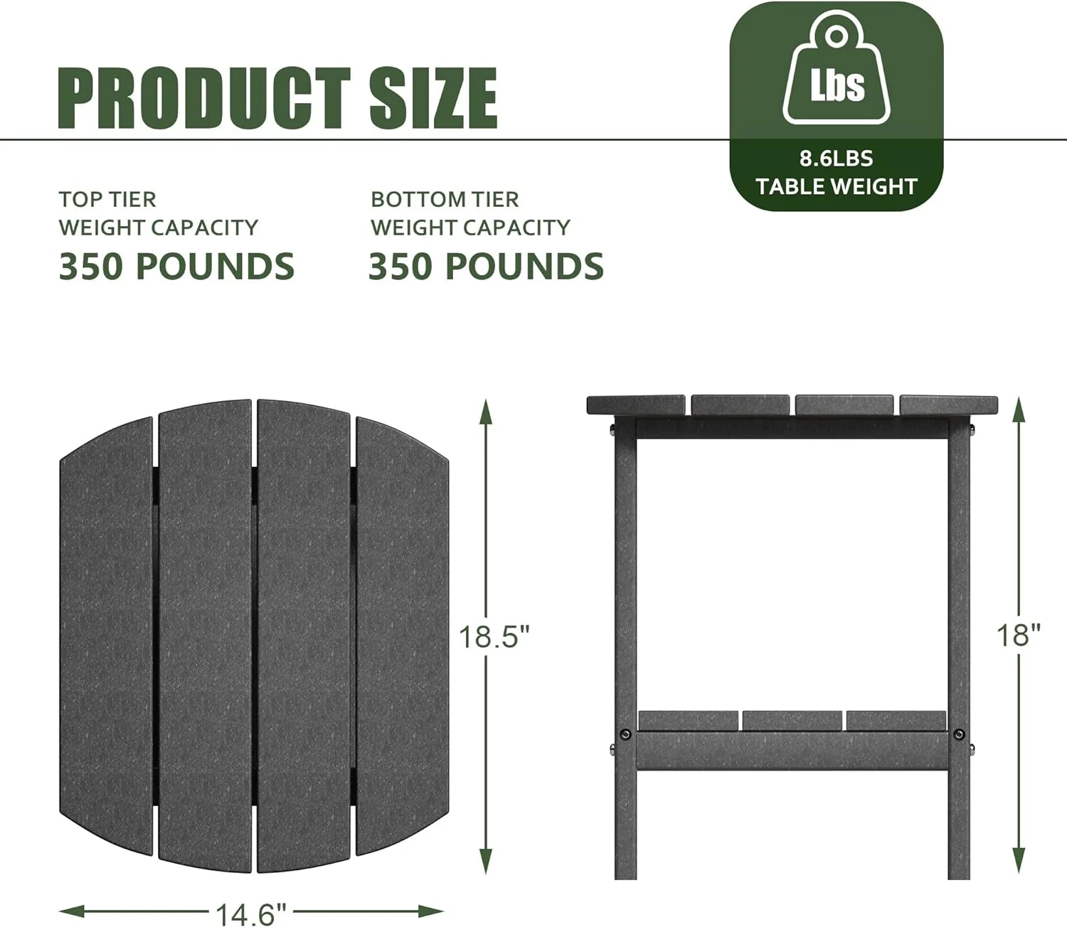 Patio Adirondack Side Table, Outdoor End Tables All-Weather Resistant HDPE Humidity-Proof Long Time Use for Deck, Lawn,Garden, Porch, Backyard End Table(Gray Color-2 Tier)