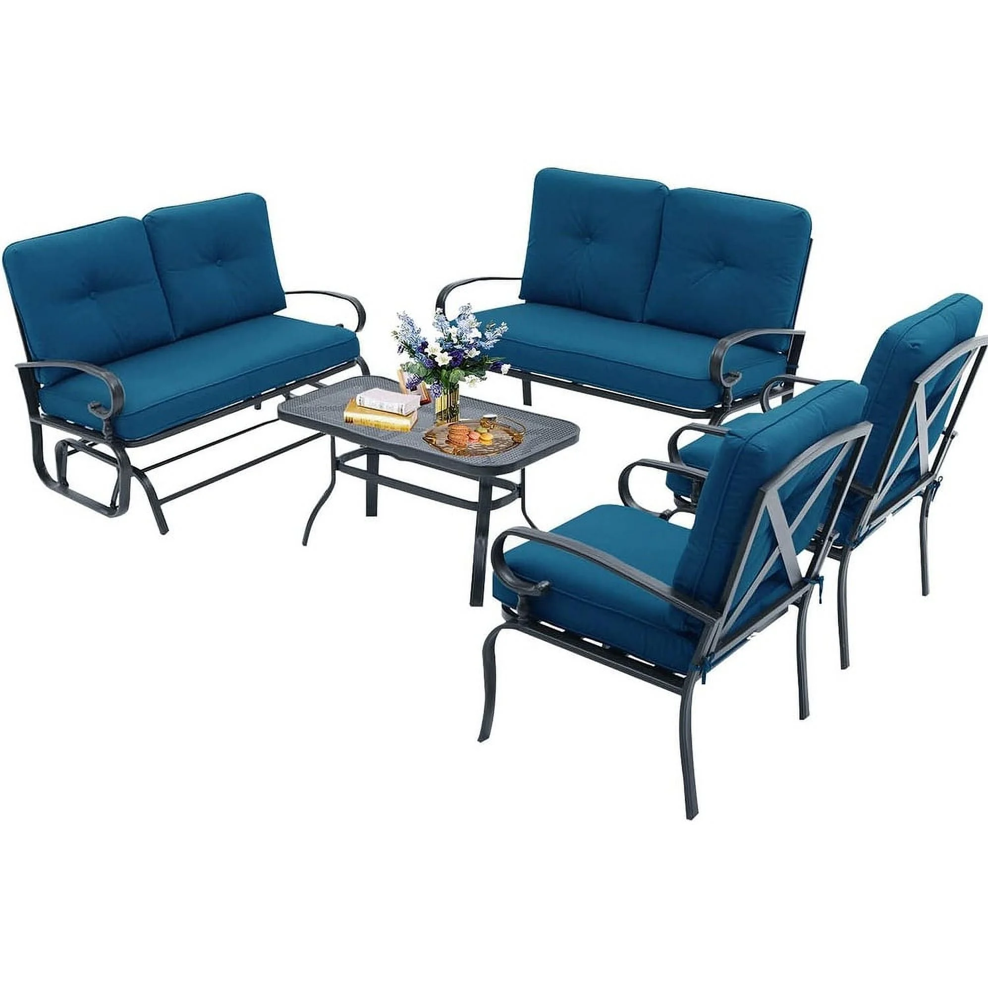 SUNCROWN 5-Piece Outdoor Metal Furniture Conversation Patio Glider Set Blue