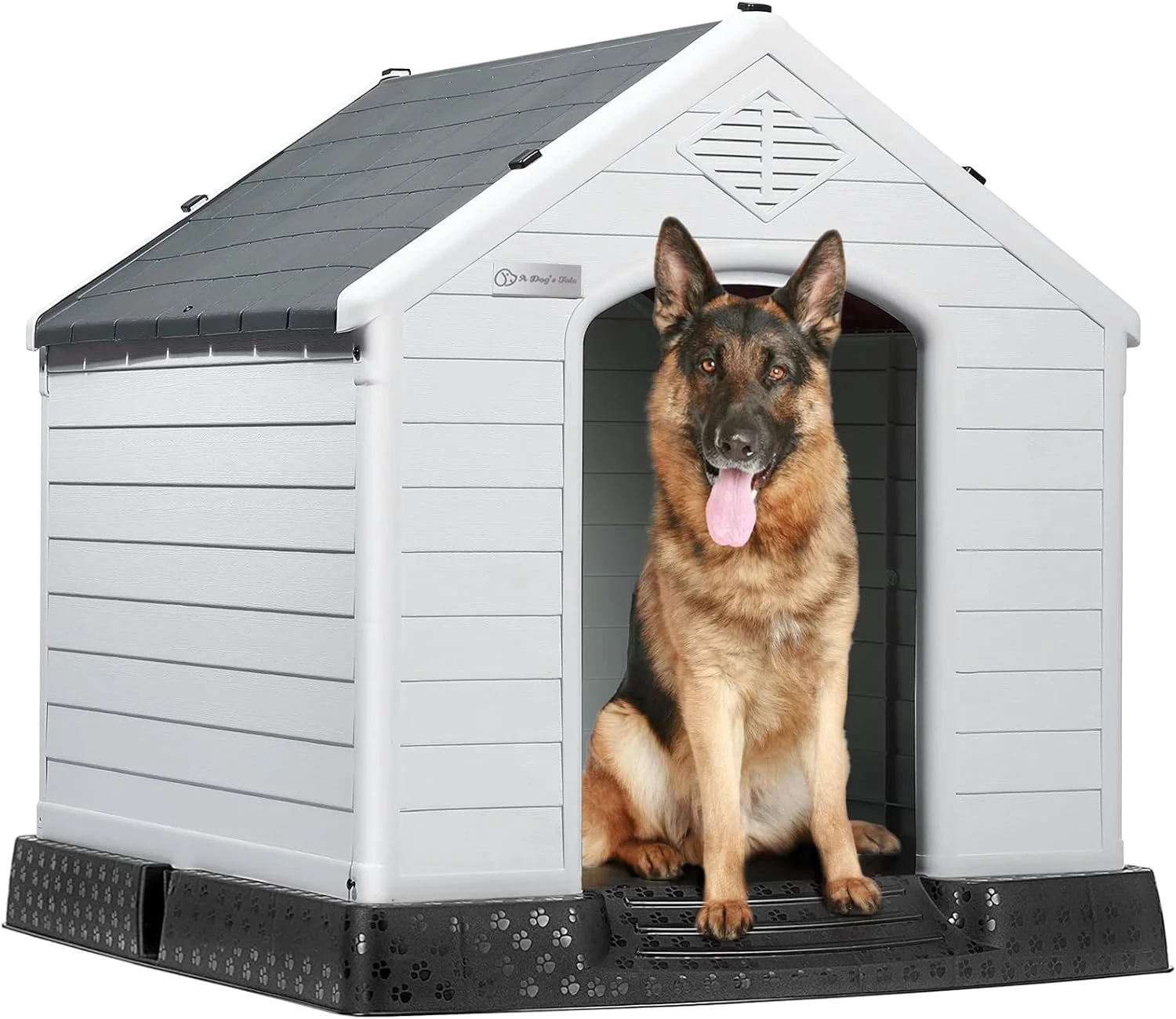 Durable Waterproof Plastic Dog House for Small to Large Sized Dogs, Indoor Outdoor Doghouse Puppy Shelter with Elevated Floor, Easy to Assemble (Gray, 42''L*38''W*39''H)