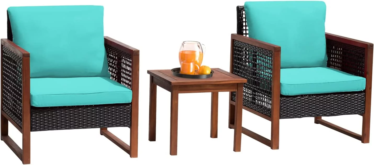 3-Piece Patio Bistro Set Acacia Wood Outdoor Chat Conversation Table Chair Set Outdoor Wood Chat Set with Water Resistant Cushions and Coffee Table for Beach Backyard Garden,Blue Cushion