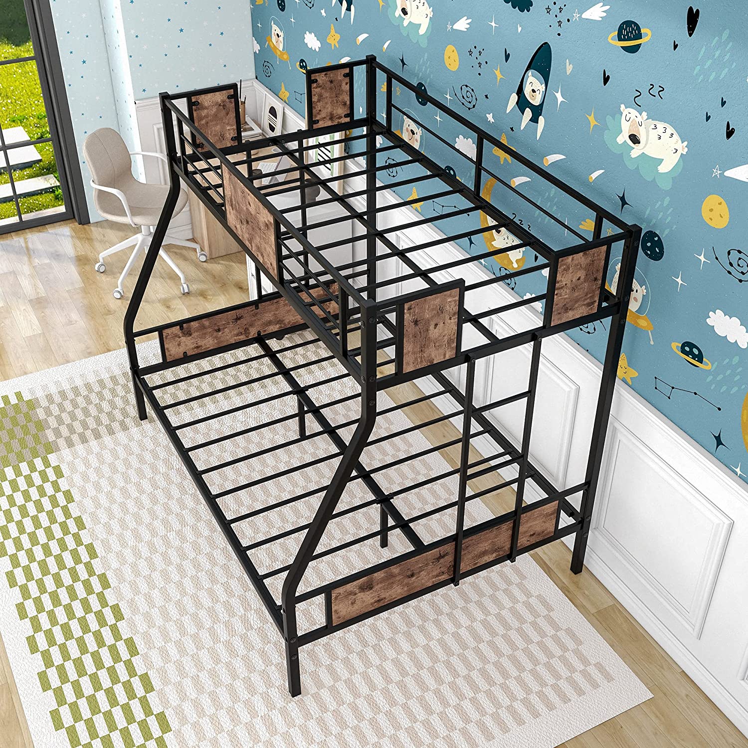 OUWI Twin Over Full Bunk Bed with Metal Frame Sturdy Guard Rail and Safety Ladder, Black