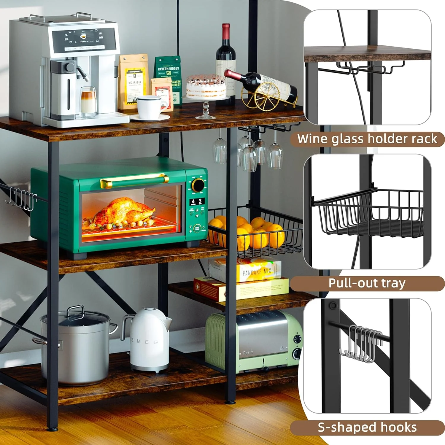 Kitchen Bakers Rack with Power Outlet, Microwave Stand with 6 S-Shaped Hooks, 4-Tier Coffee Bar Microwave Rack (23.62'', Rustic Brown)