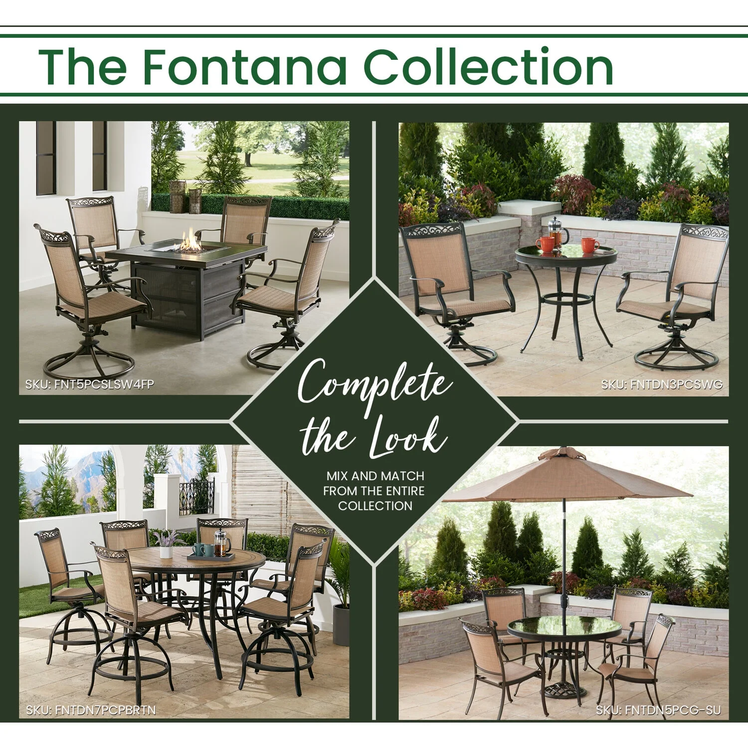 Hanover Fontana 5-Piece High-Dining Set in Tan with 4 Counter-Height Swivel Chairs, 56-in. Cast-top Table, Umbrella and Umbrella Base