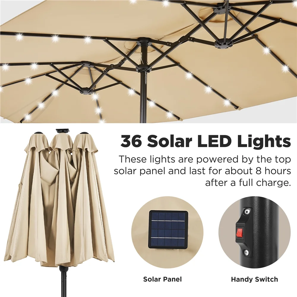 Topeakmart 13ft Patio Parasol Umbrella with Solar Lights, Tan
