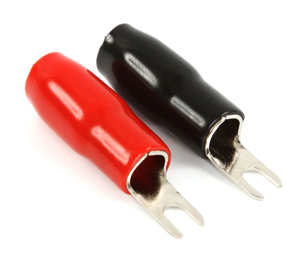 Belva BST408 Pair of 4 Gauge Spade Terminals, #8 Opening with Nickel Plated Brass (1 Black & 1 Red)