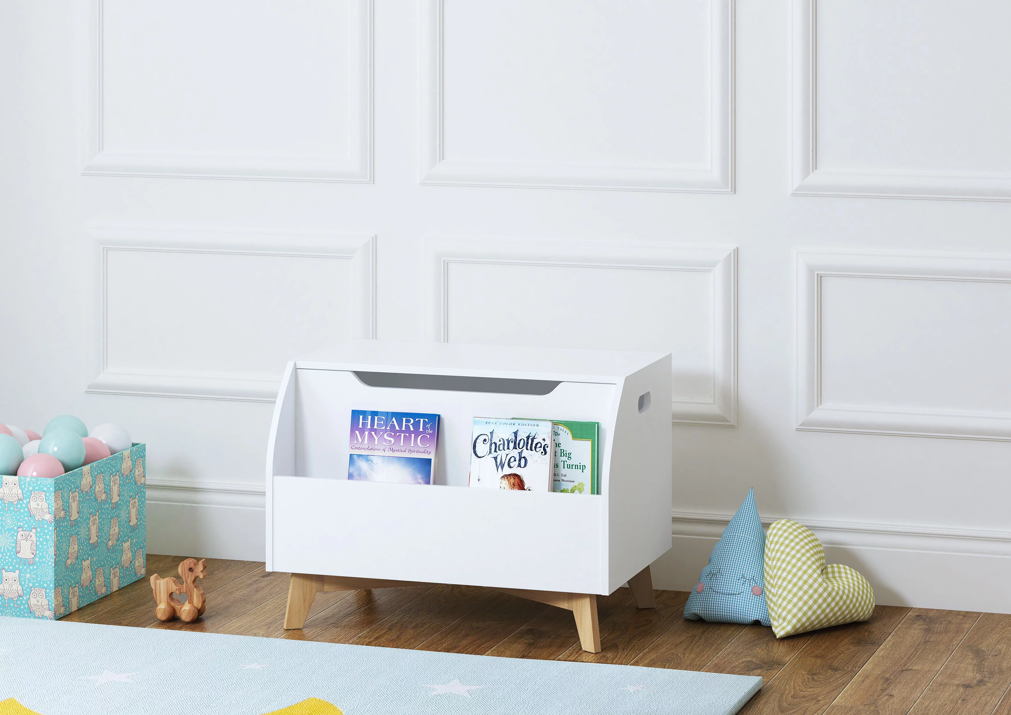 UTEX Children Toy Box with Front Book Storage Area, Kids Toy Storage Bench, White