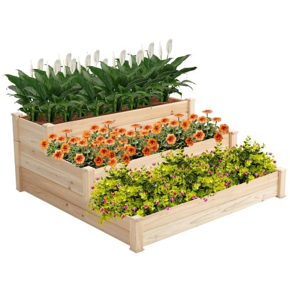 Qulable 48.6 x 48.6 x 21in Raised Garden Bed Horticulture Outdoor Elevated Flower Box Tiered Garden Bed Wooden Vegetables Growing Planter for Backyard/Patio/Gardener Natural