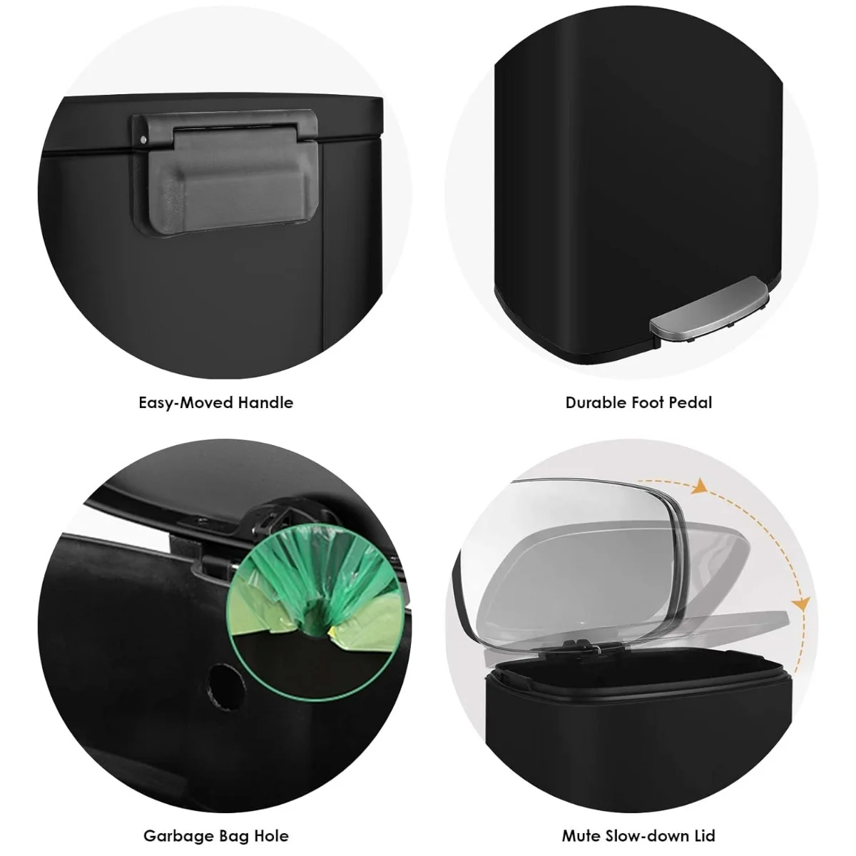 8/13.2 Gallon Step Trash Can, Stainless Steel Garbage Bin, Soft-Close Rubbish Bin with Removable Plastic Inner Bucket, Fingerprint-Proof, Lid Dustbin, Suit for Kitchen Home (Black, 50L)