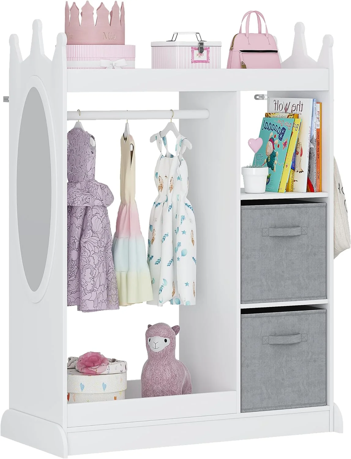 HYUN Kids Play Armoire with Mirror, Storage Bins and Closet for Dress Up and Costumes (White)