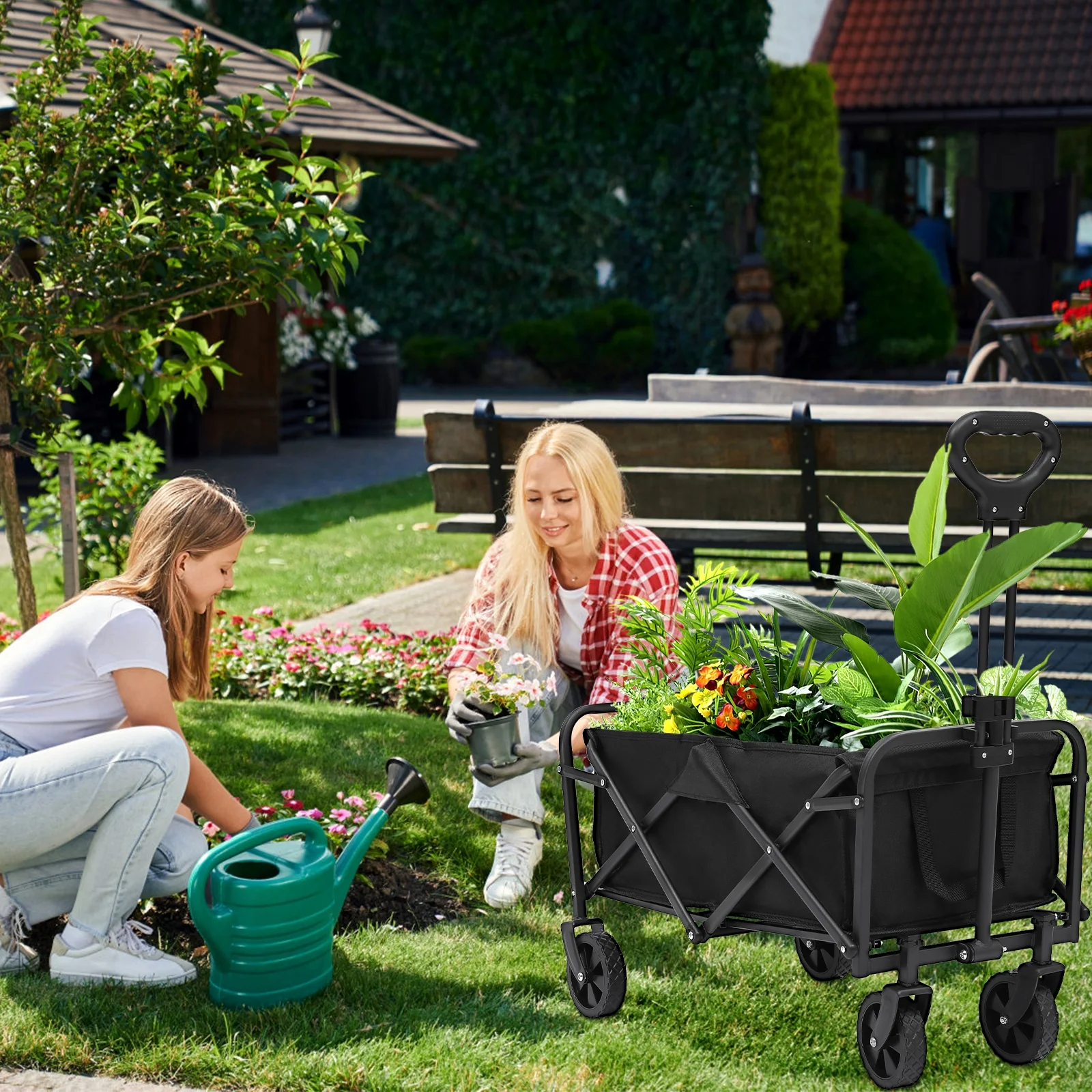 HONGGE Multi-Purpose Big Bucket Cart Collapsible Folding Wagon Garden Cart with Wheels, Black