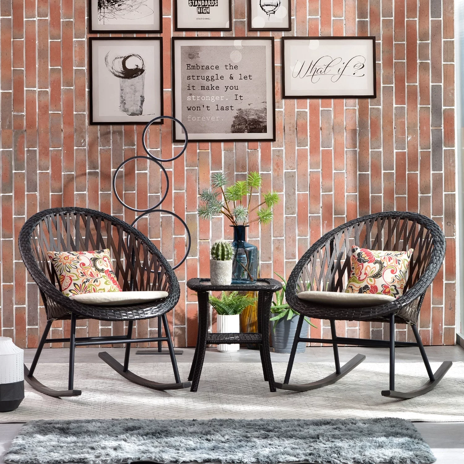 OVIOS  3-piece Patio Rocking Chair Bistro Set with Glass Coffee Table Blue