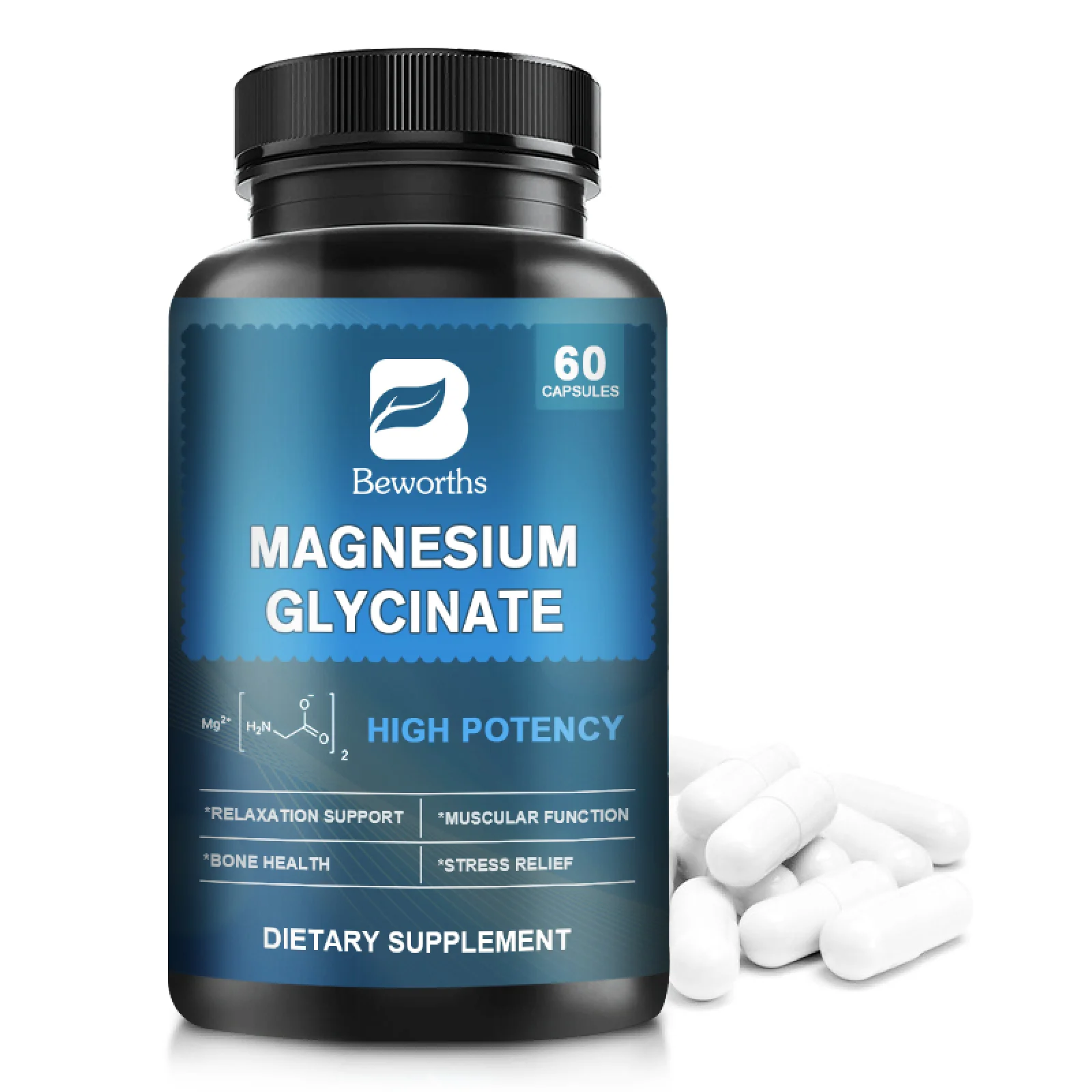 Beworths Magnesium Glycinate Pills, Chelated Magnesium Supports Stress, Bones, Muscle, Sleep, 60 Ct