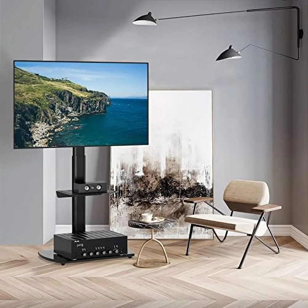 SQSFCB Universal TV Floor Stand with Swivel Mount Height Adjustable for 32-65 Inch  or Curved Screen TVs  3- Tempered Glass Base for Media   Cable Management  VESA 400x400 mm