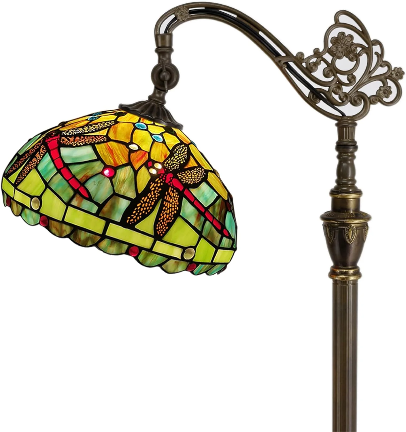 Tiffany Floor Lamp Stained Glass Lamp 18.88X12X67 Inch Angle Adjustable Arched Gooseneck Antique Reading Light (Green Red Dragonfly)