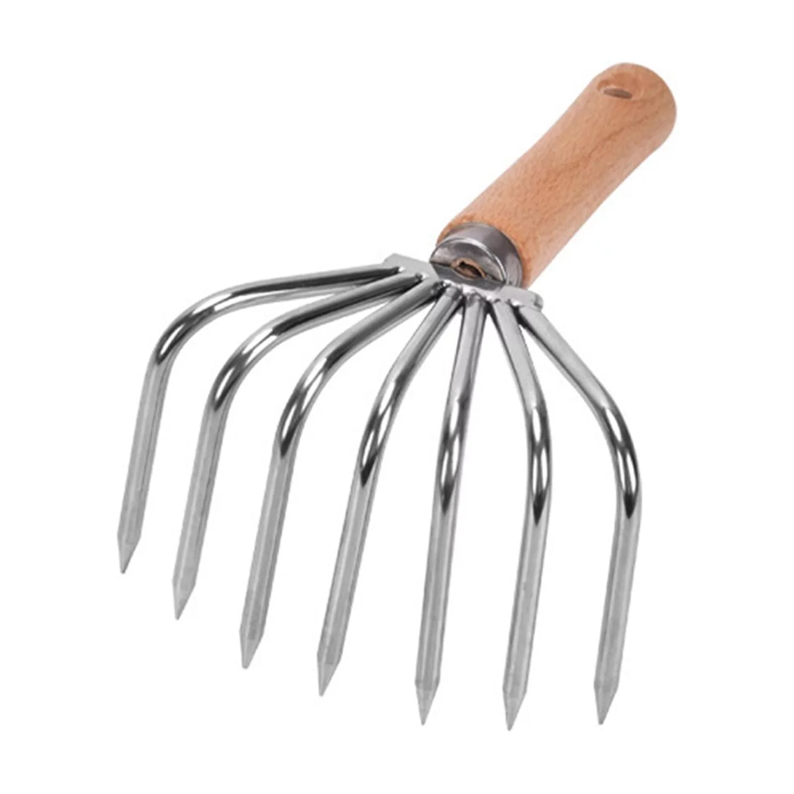Hand Rake Leaf Rake Stainless Steel Cultivating Weeding Wooden Handle Claw Clamming Rake Lightweight Gardening Tool Soil Tiller for Home Planting Short Handle 7
