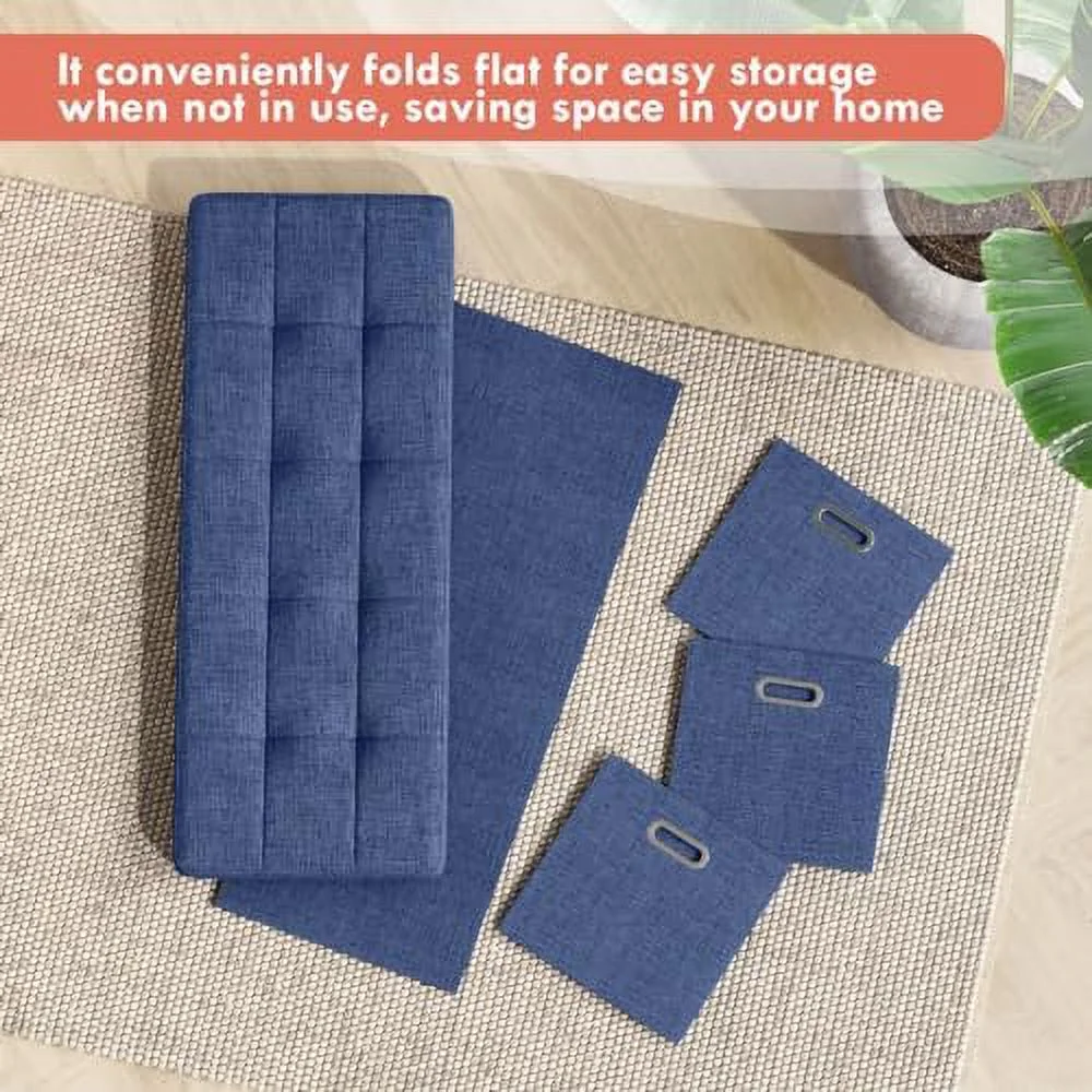 ZFGSUIJN Foldable Tufted Linen Large Long Bench  Ottoman Foot  Stool Seat with 3 Drawer Cubes - 15" x 40" x 15"  Navy Blue