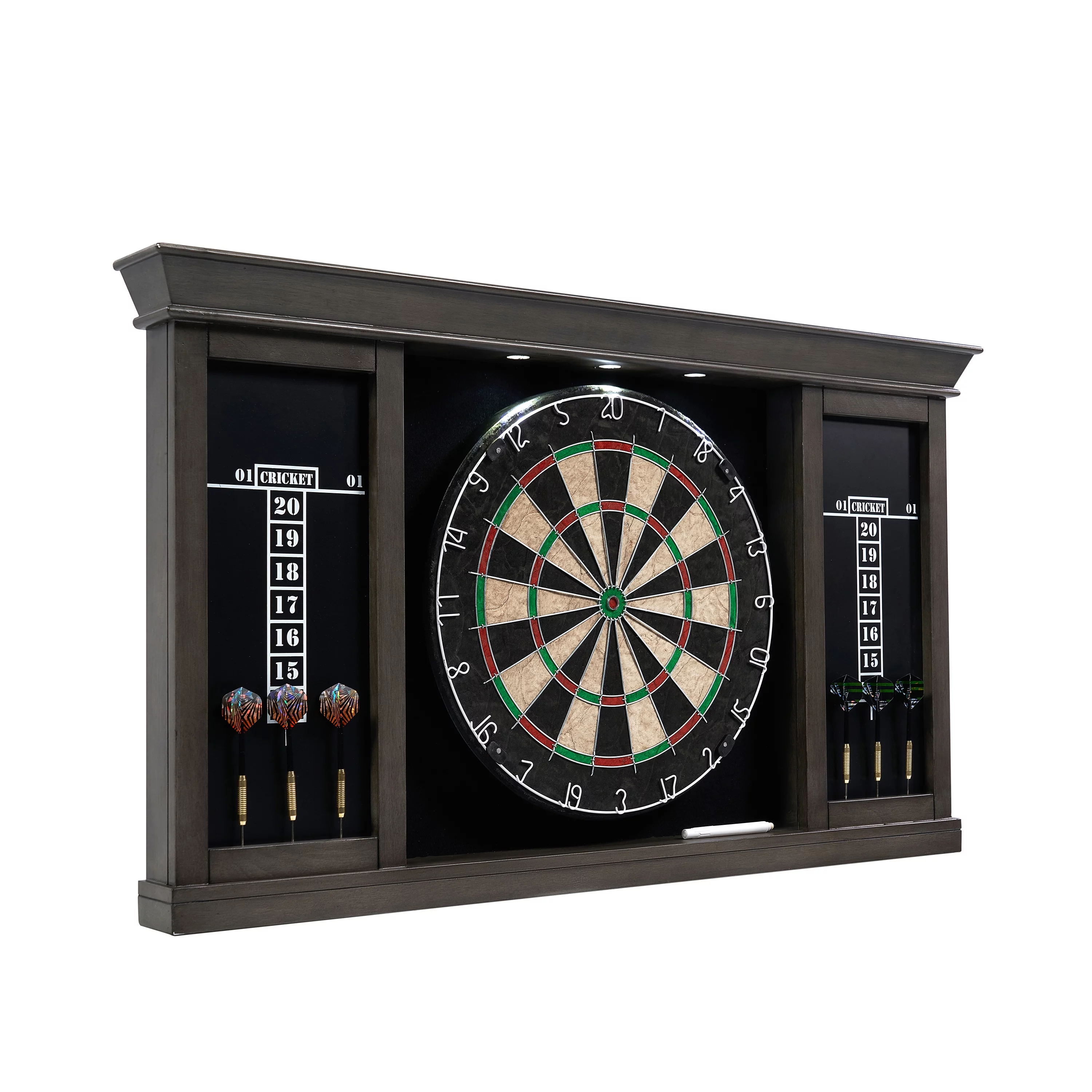 Barrington Billiards Palmer Wood Dartboard LED Display Cabinet With 18” Bristle Dartboard and Steel Tip Dart Set