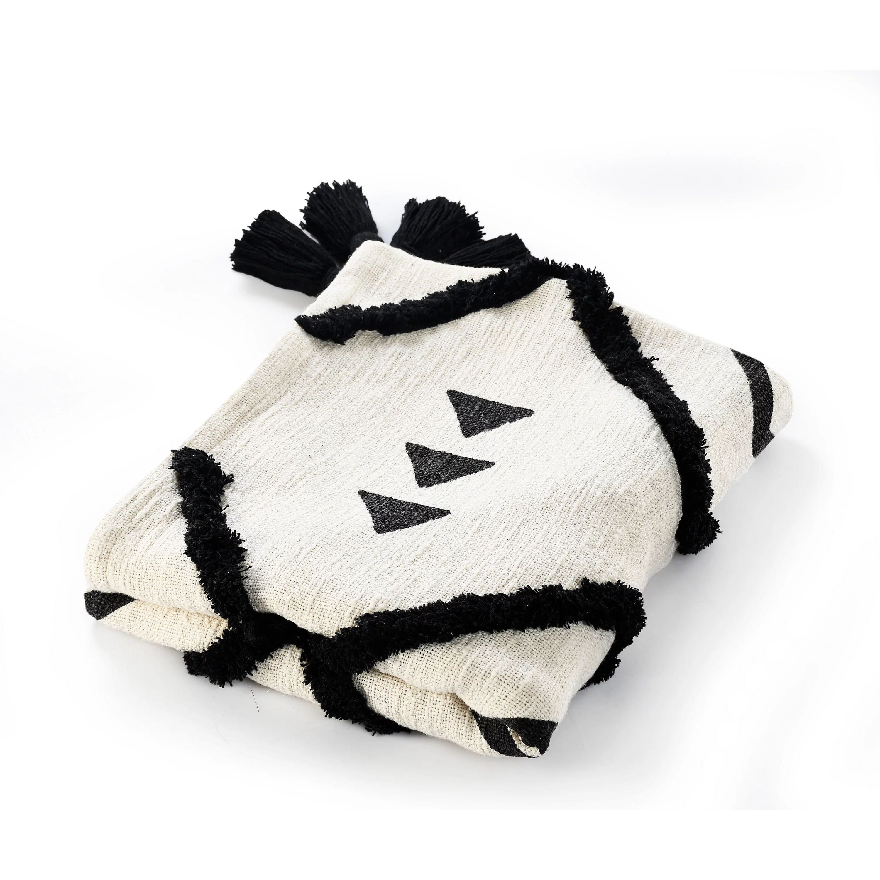LR Home Tufted Double Diamond Cotton Throw Blanket, Black / White, 50