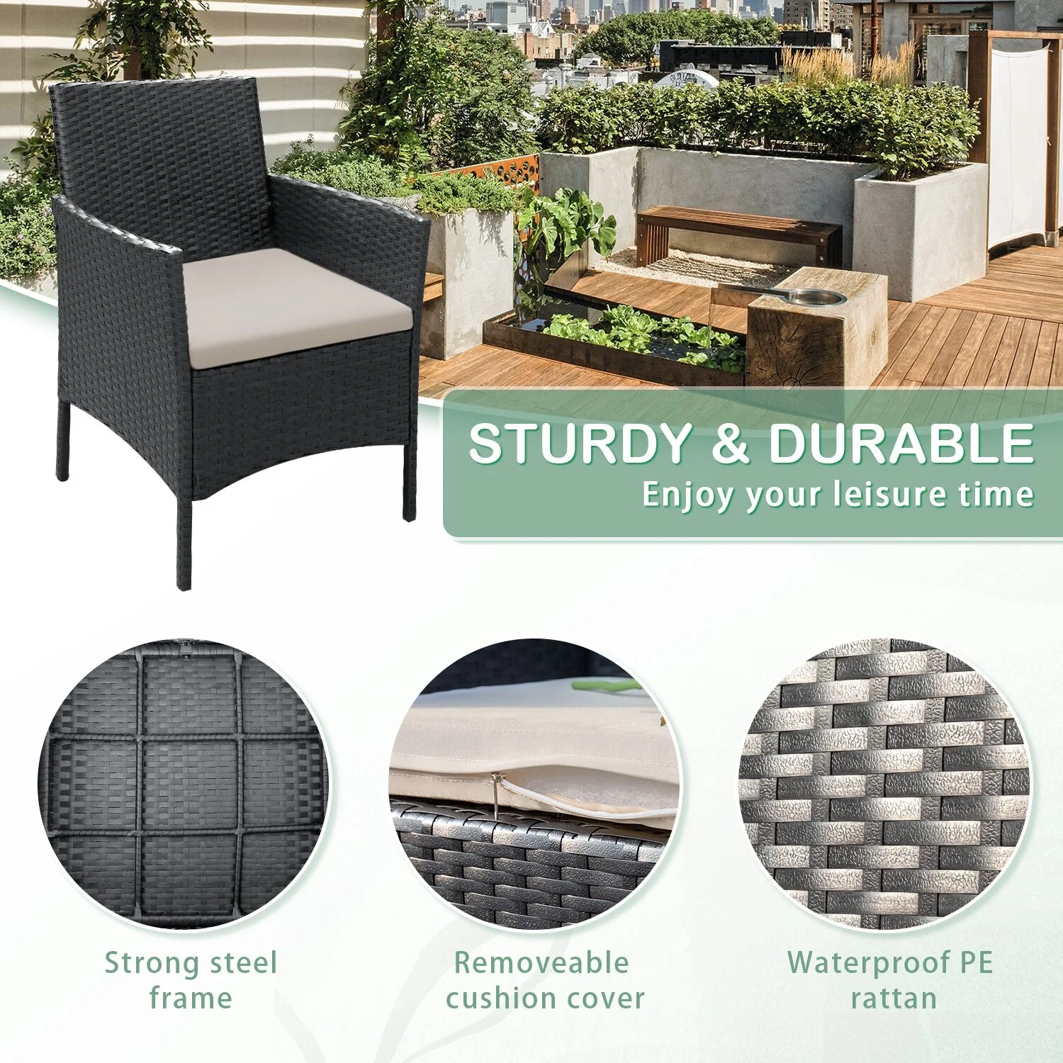 Vineego 5 Piece Patio Conversation Set Wicker Chairs Set with Tempered Glass Table, Beige