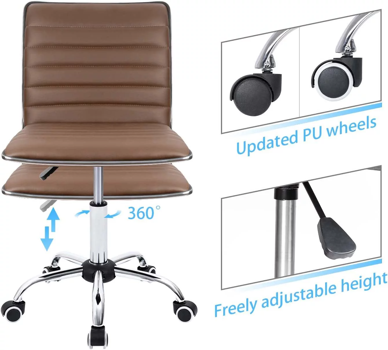 Mid Back Task Chair, Low Back Leather Swivel Office Chair, Computer Desk Chair Retro with Armless Ribbed