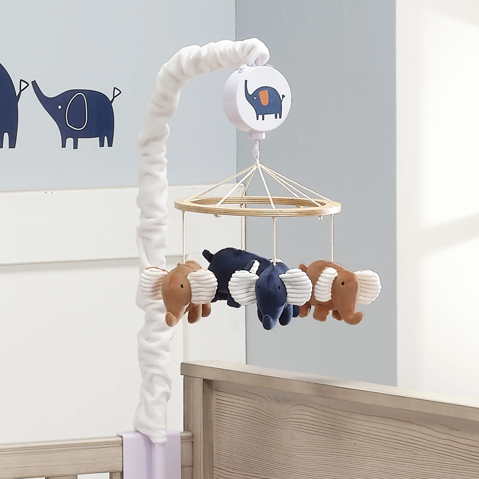 Lambs & Ivy Playful Elephant Blue/White Musical Baby Crib Mobile Soother Toy