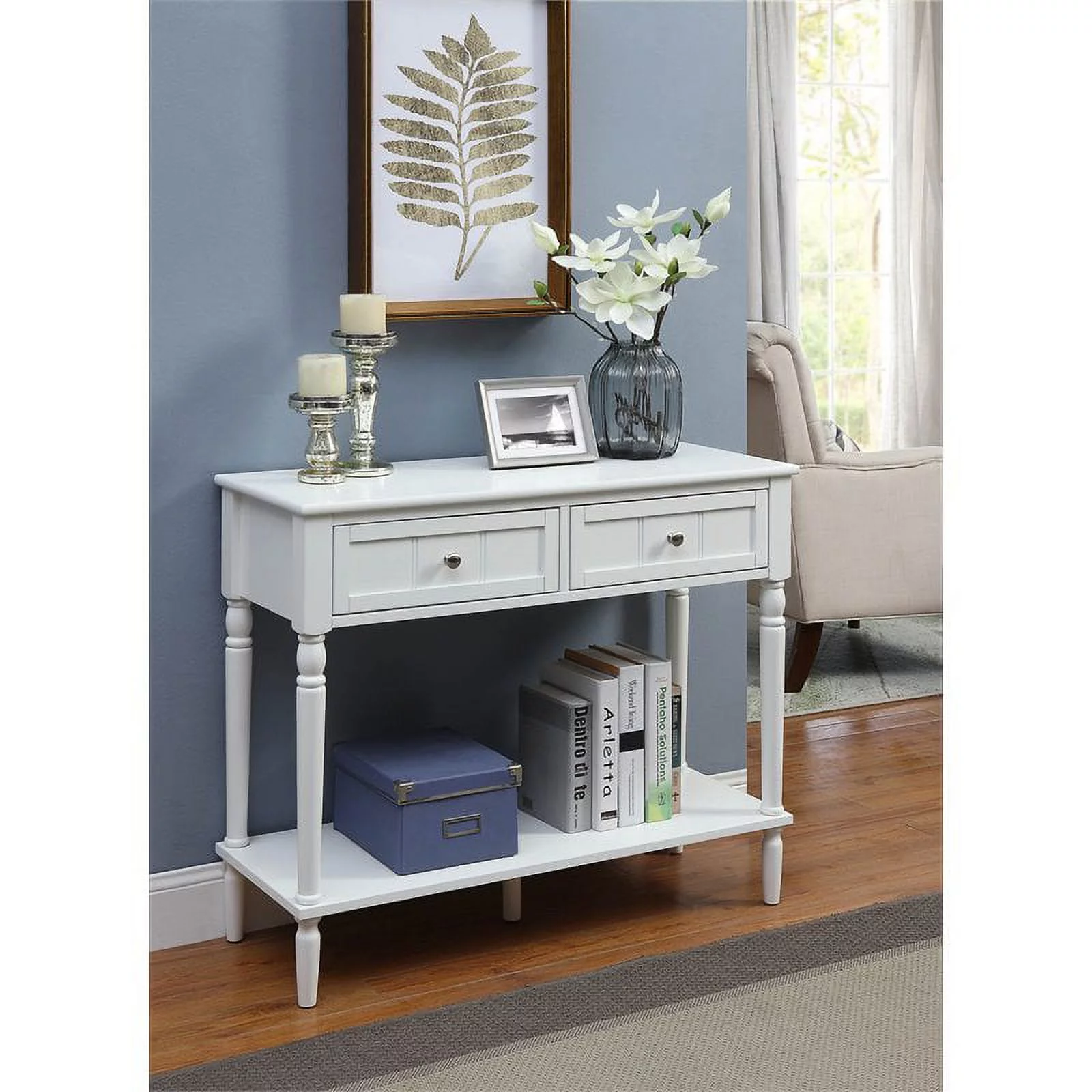 Pemberly Row Traditional Two-Drawer Hall Table in White Wood Finish