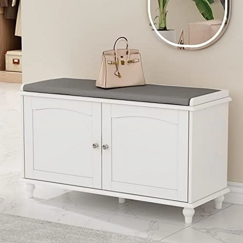CHUIJN Wood Shoe  Bench with Cushion Seat  2 Doors & 4  Compartments  Entryway Shoe Rack Bench for Bedroom  Hallway  White and Grey (35.8\u201DL x 13.7\u201DW x 18.1\u201DH)