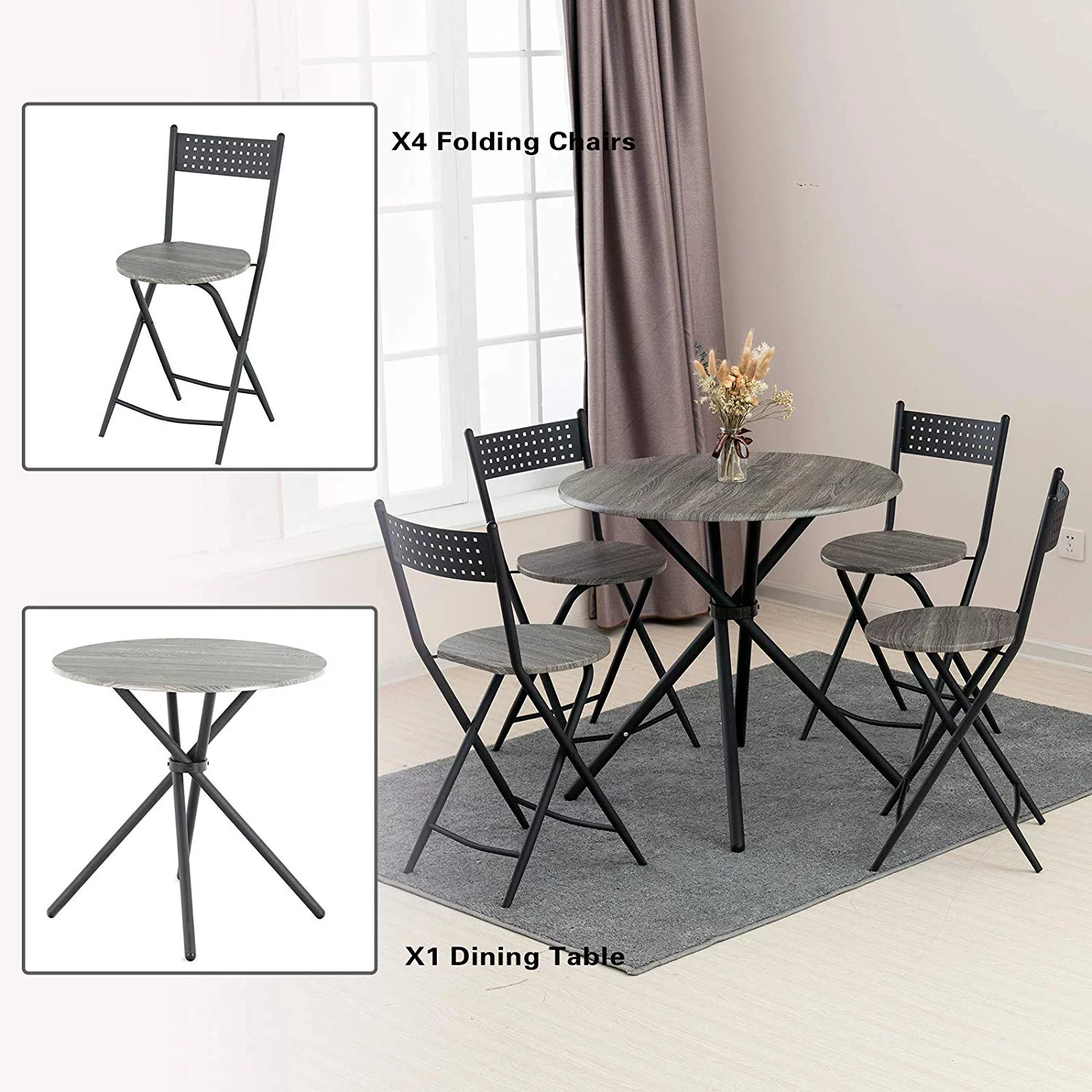 mecor 5 Pcs Dining Table Set Folding Chairs, Mid-Century Vintage Round Coffee Table and Foldable Chairs with Wood Top and Metal Frame for Kitchen Patio Dining Room (Grey)