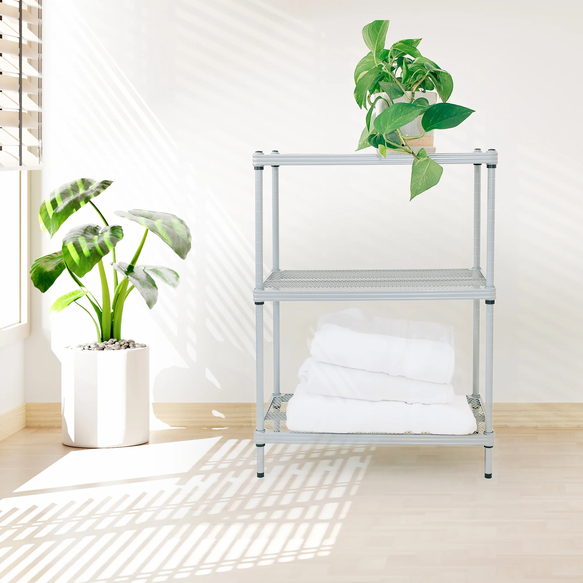 Design Ideas MeshWorks 3-Tier Metal Storage Shelving Unit Rack, Silver