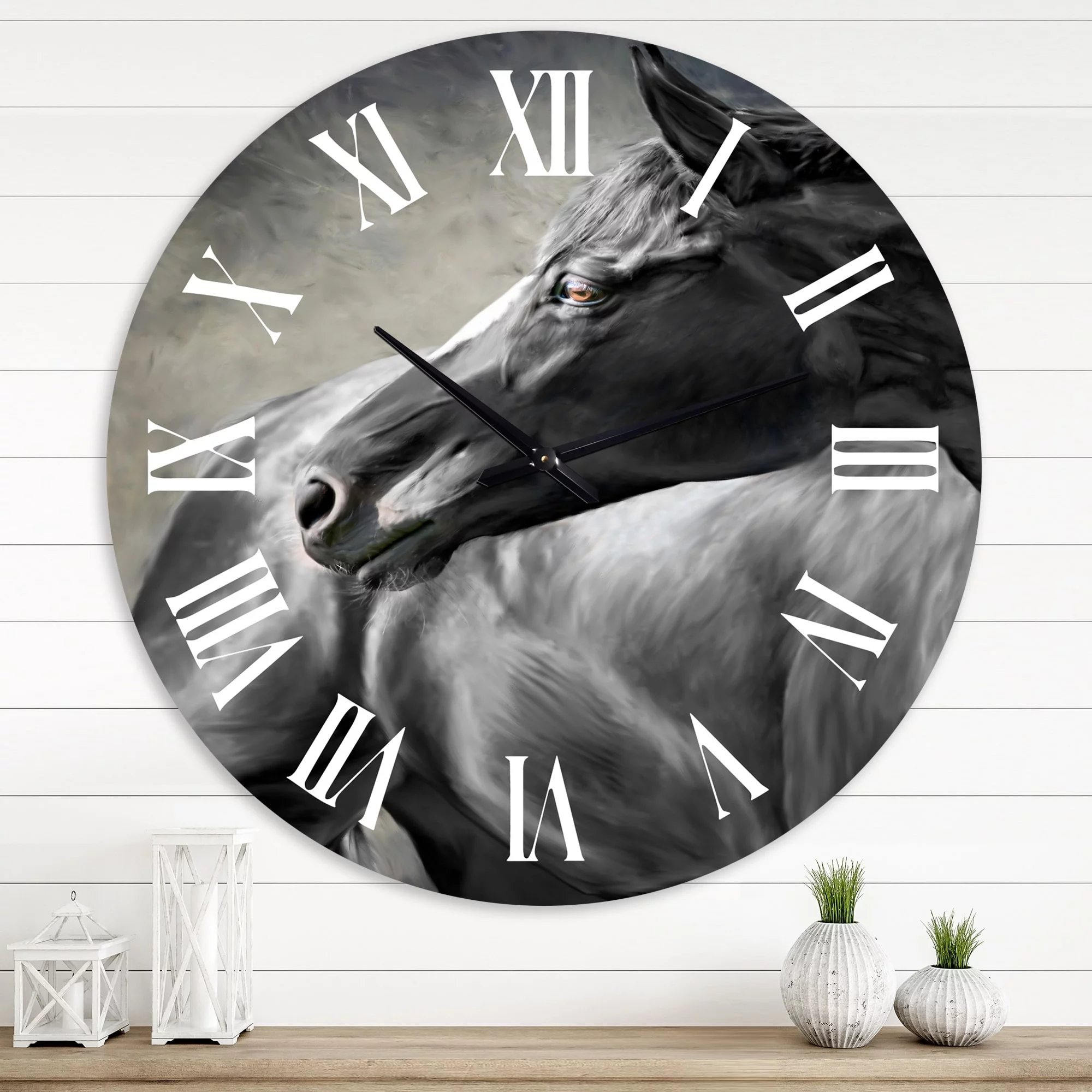 DESIGN ART Designart 'Portrait Of A Black Horse' Farmhouse wall clock 16 In. Wide x 16 In. High