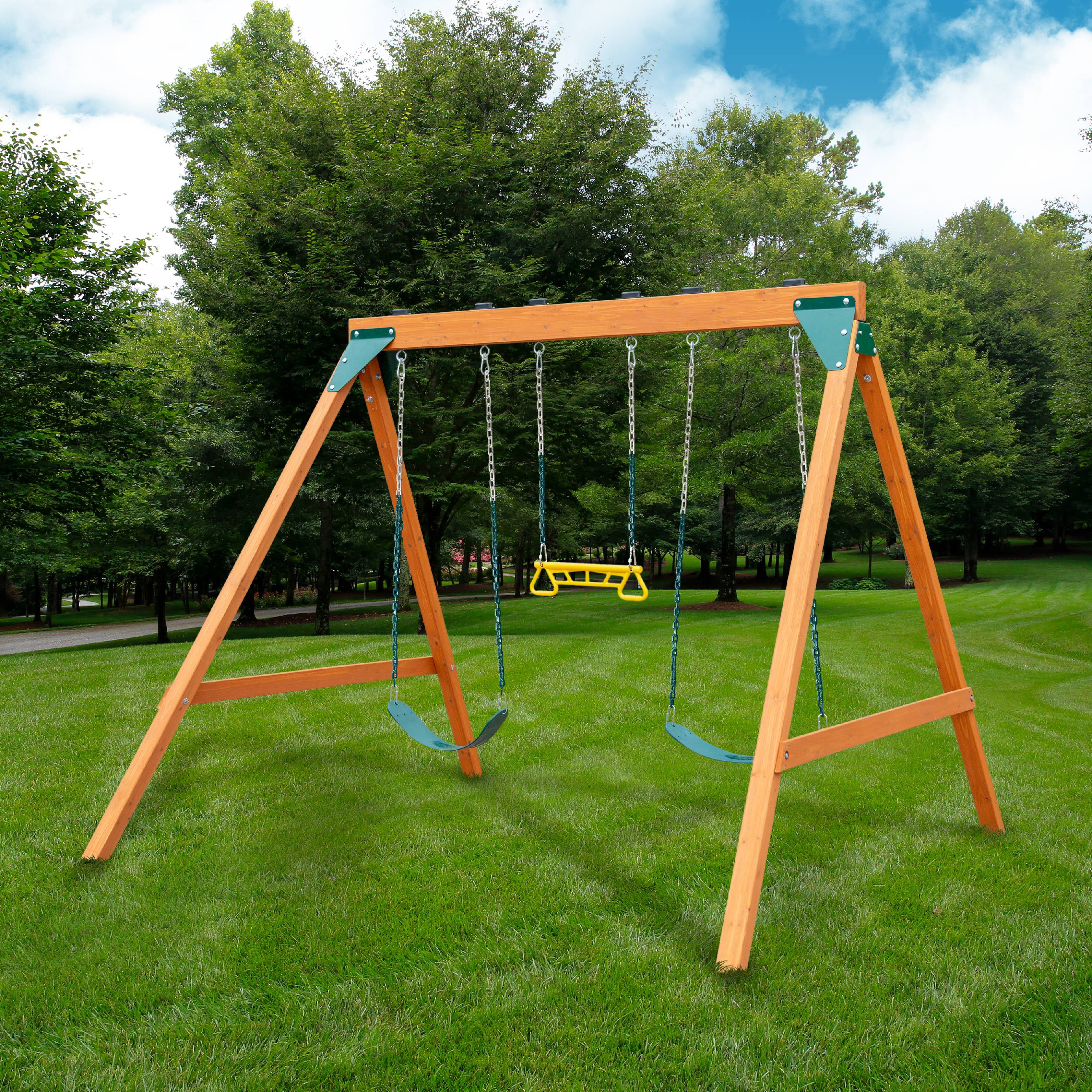 Swing-N-Slide Ranger Wooden Swing Set with 2 Swing Seats and Trapeze/Ring Combo Swing