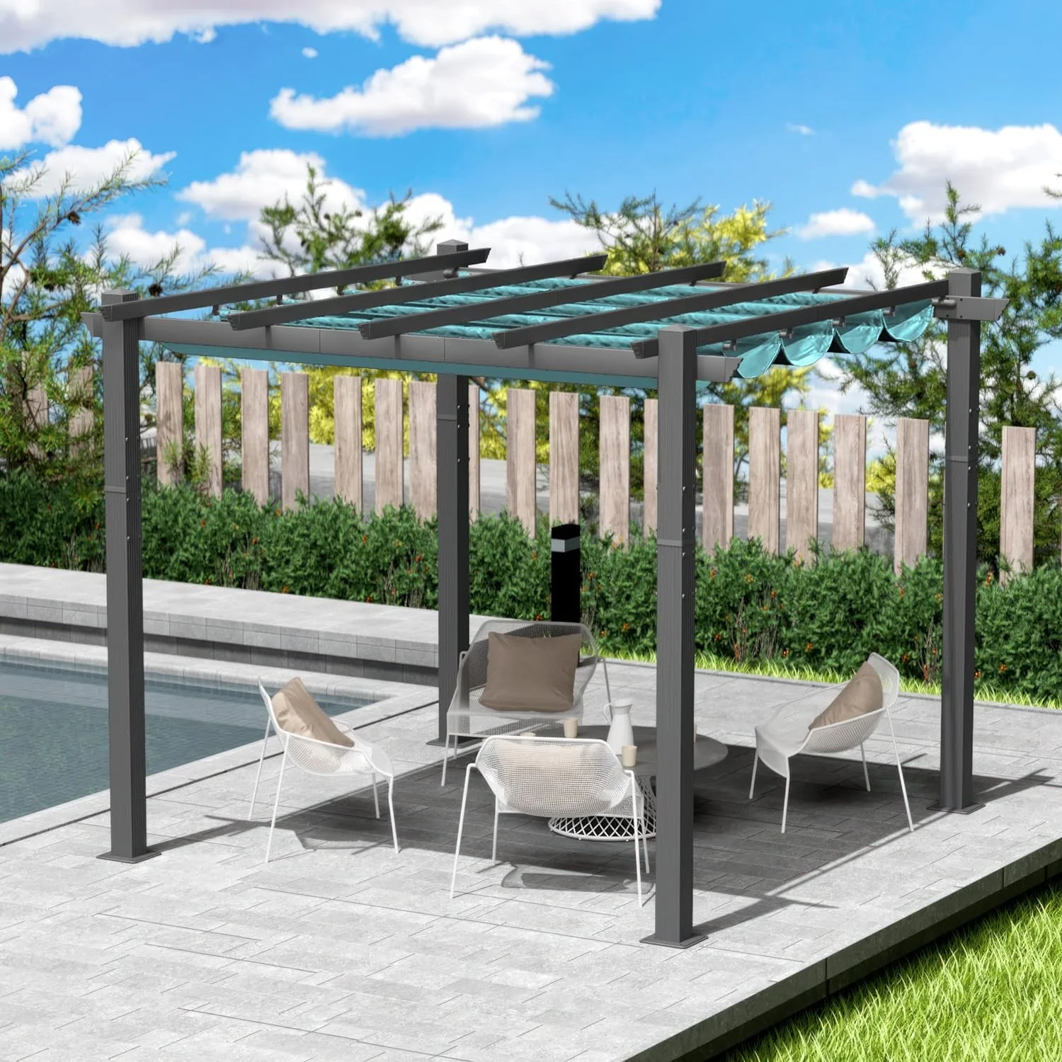 Kozyard Morgan Outdoor Extra-Large Gray Aluminum Frame Pergola with Sunshade Canopy (10ft x 10ft, Blue)