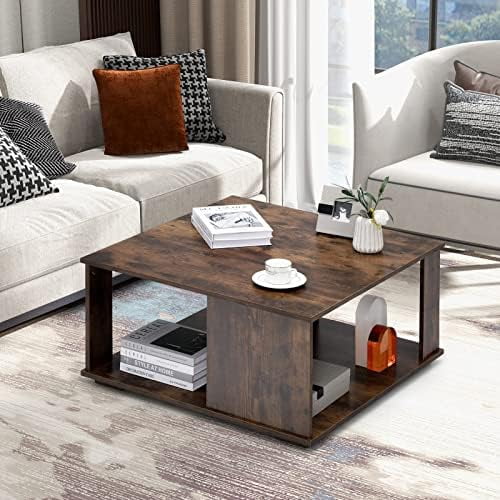 xrboomlife 32\u201D Square Coffee Table  2-Tier Wooden Table with    Industrial Home Accent Table  Mid-Century Center Table Ideal for Living Room  Study Room(Rustic Brown)
