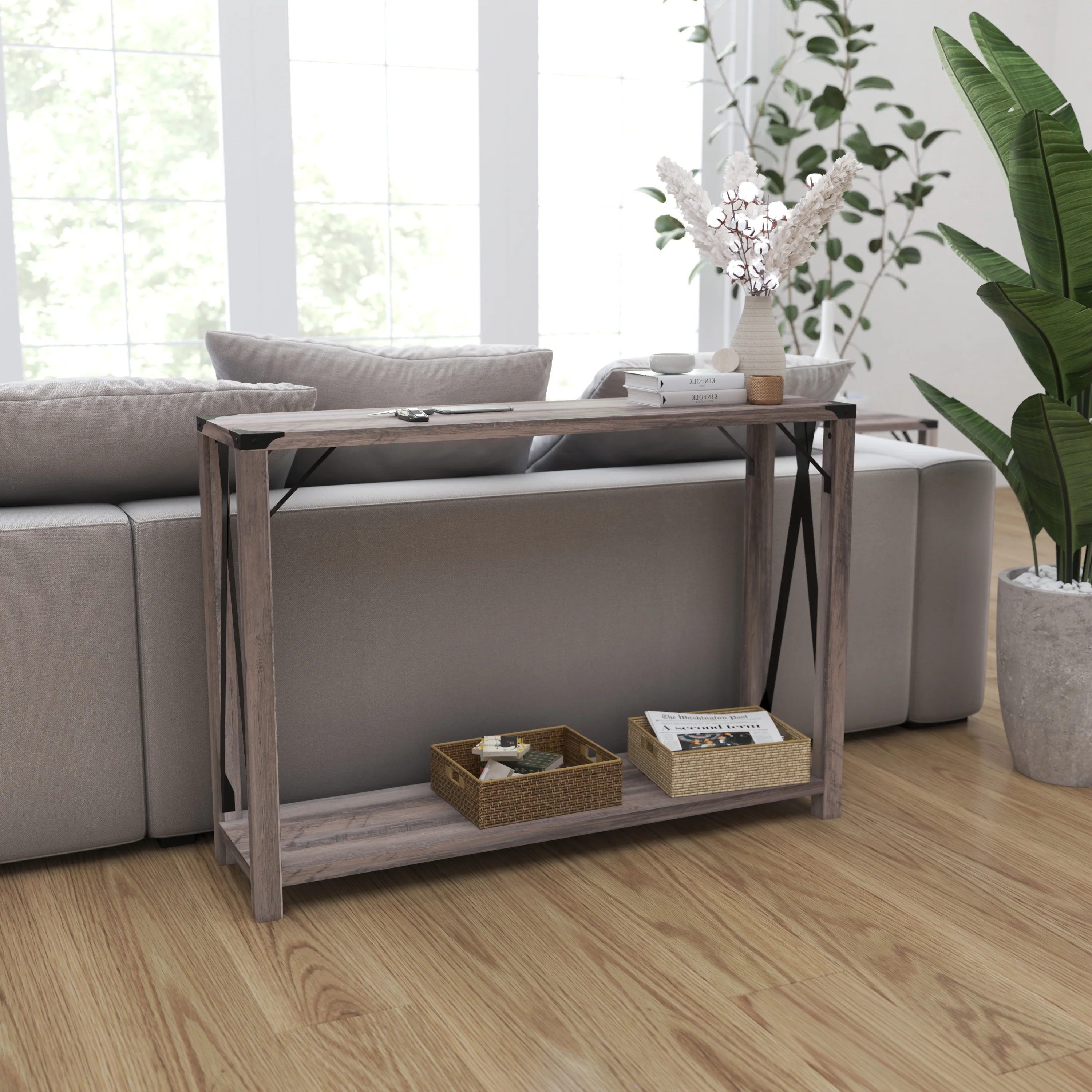 Merrick Lane Modern Farmhouse Engineered Wood Entryway Table and Powder Coated Steel Accents in Gray Wash