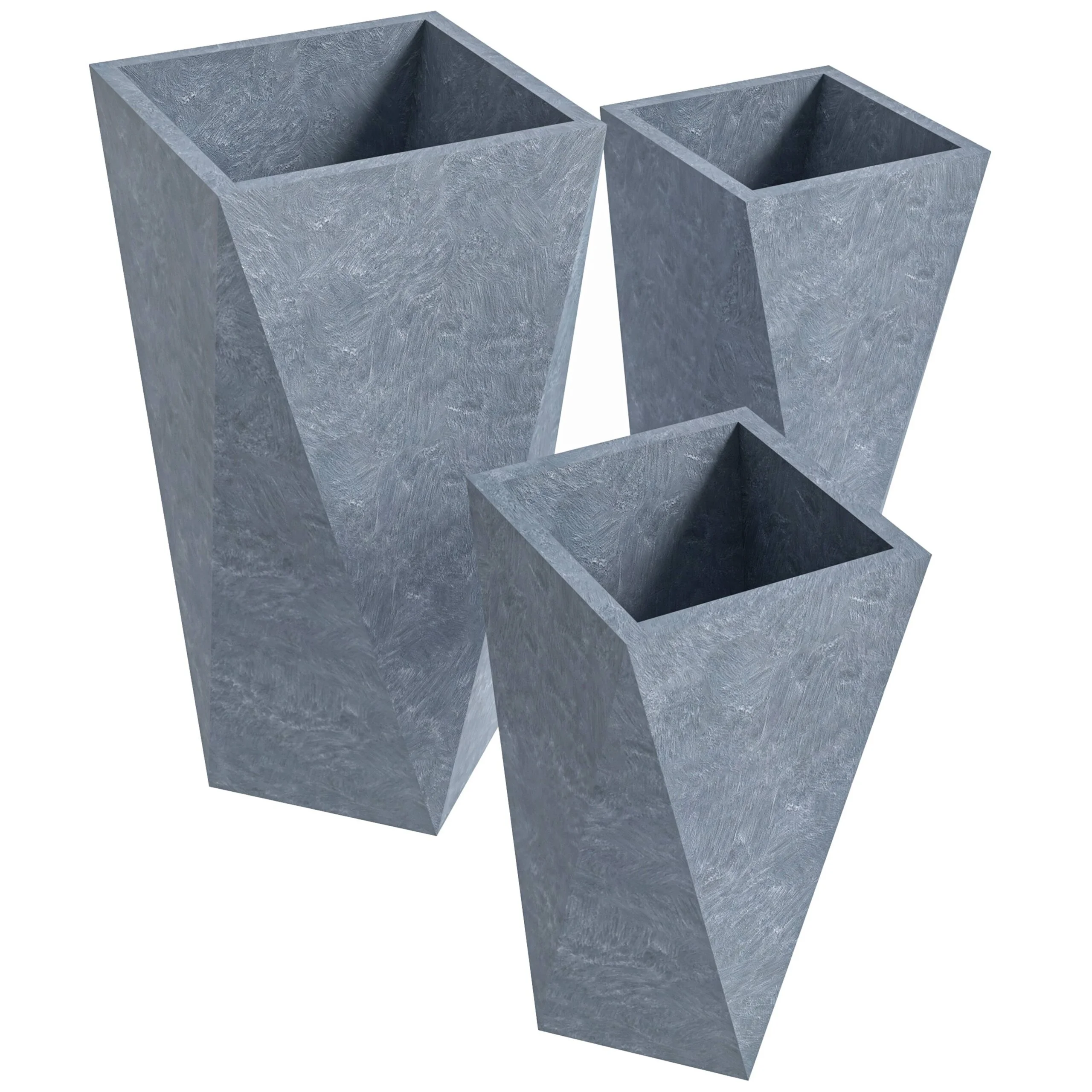 LeisureMod Aloe 3-Piece Fiberstone and MGO Clay Planter Set, Mid-Century Modern Tapered Square Planter Pot for Indoor and Outdoor (Grey)