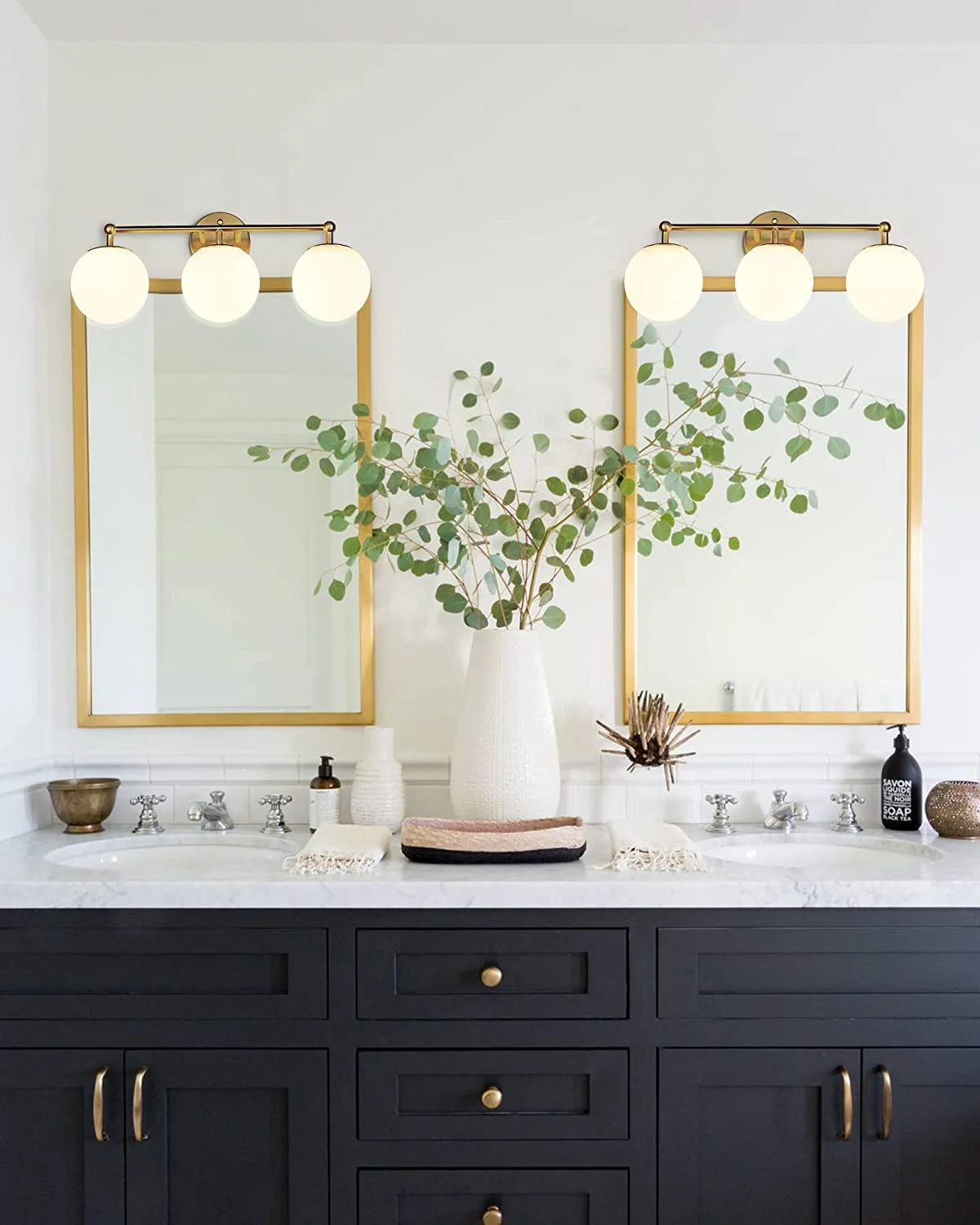 Gold Vanity Light for Bathroom, Modern Bathroom Light Fixtures Over Mirror 3-Light with Milky Glass Globe Shade, KW-7308-3