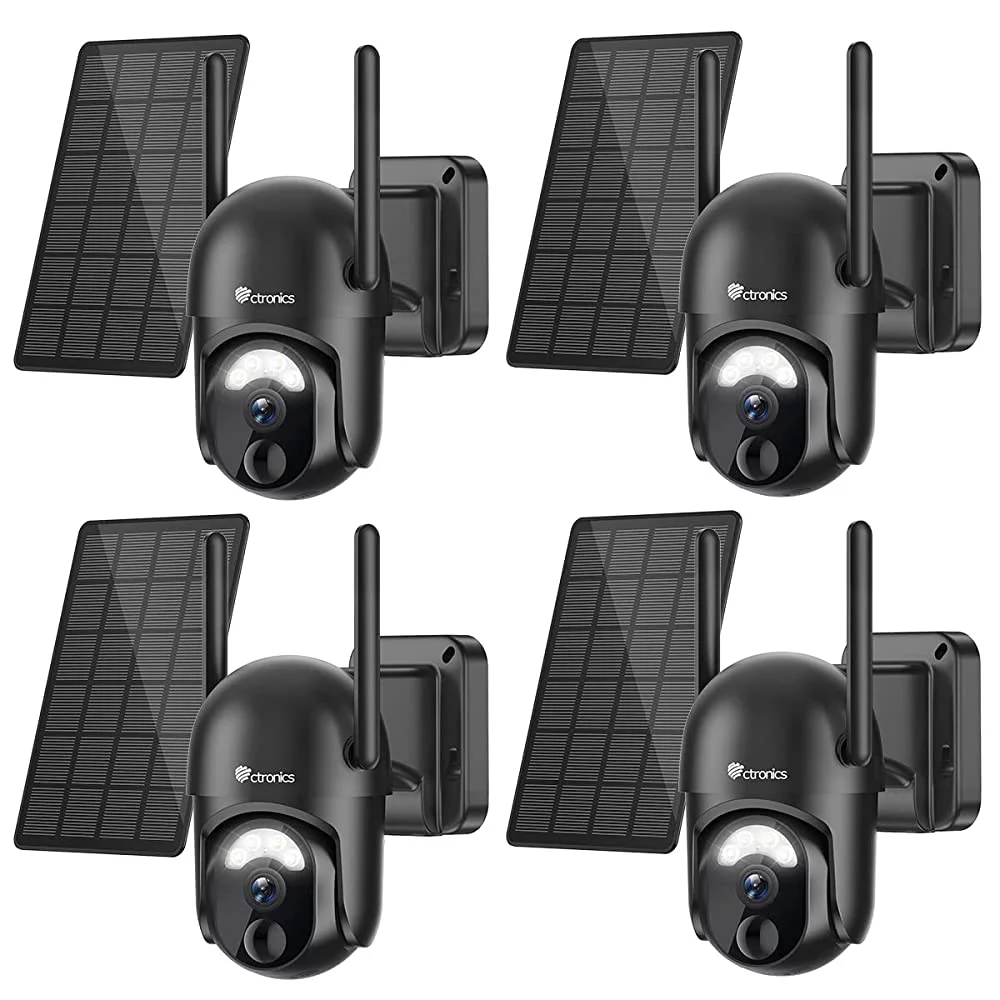 Ctronics 4pcs 2K Solar Security Camera Outdoor, 2.4G WiFi Wireless Security Camera with Spotlight, 4X Digital Zoom, 360° View, AI/PIR Detection, FHD Color Night Vision, Two-Way Talk, IP66 Waterproof
