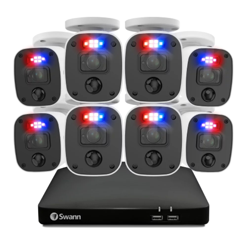 Swann 1080P Video 8 Channel DVR Security Camera System, 1TB Hard Drive, 8 Indoor/Outdoor Cameras with Audio, Wired CCTV Home Surveillance, Color Night Vision, SwannForce LED Lights & Sirens, 846808MQB