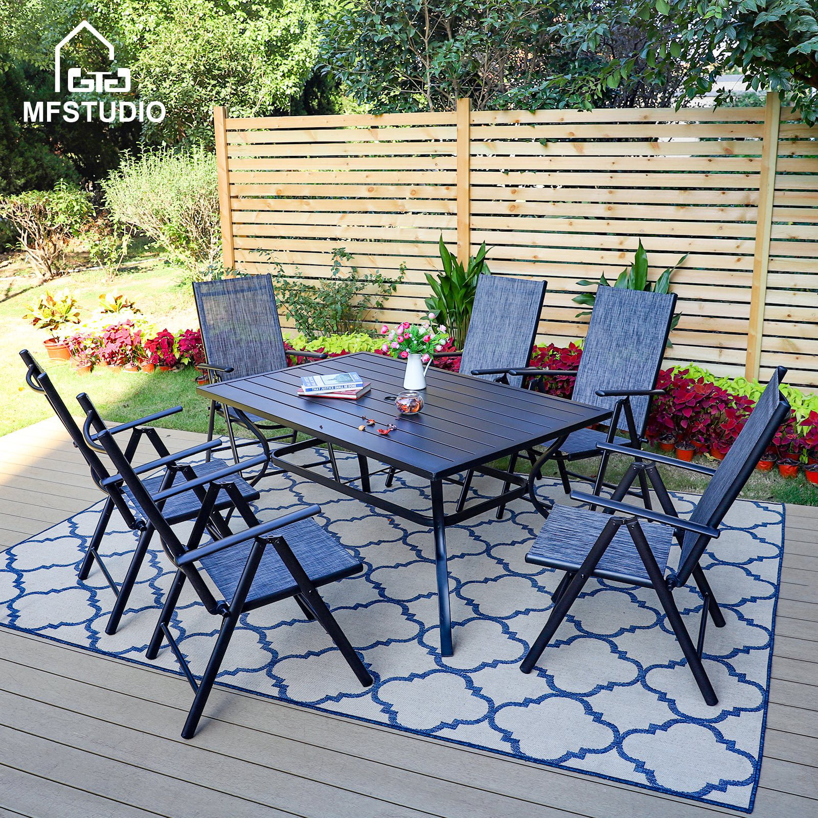 MF Studio 7-Piece Outdoor Patio Dining Set with Textilene 7-level Adjustable Folding Chairs&Rectangle Table, Gray