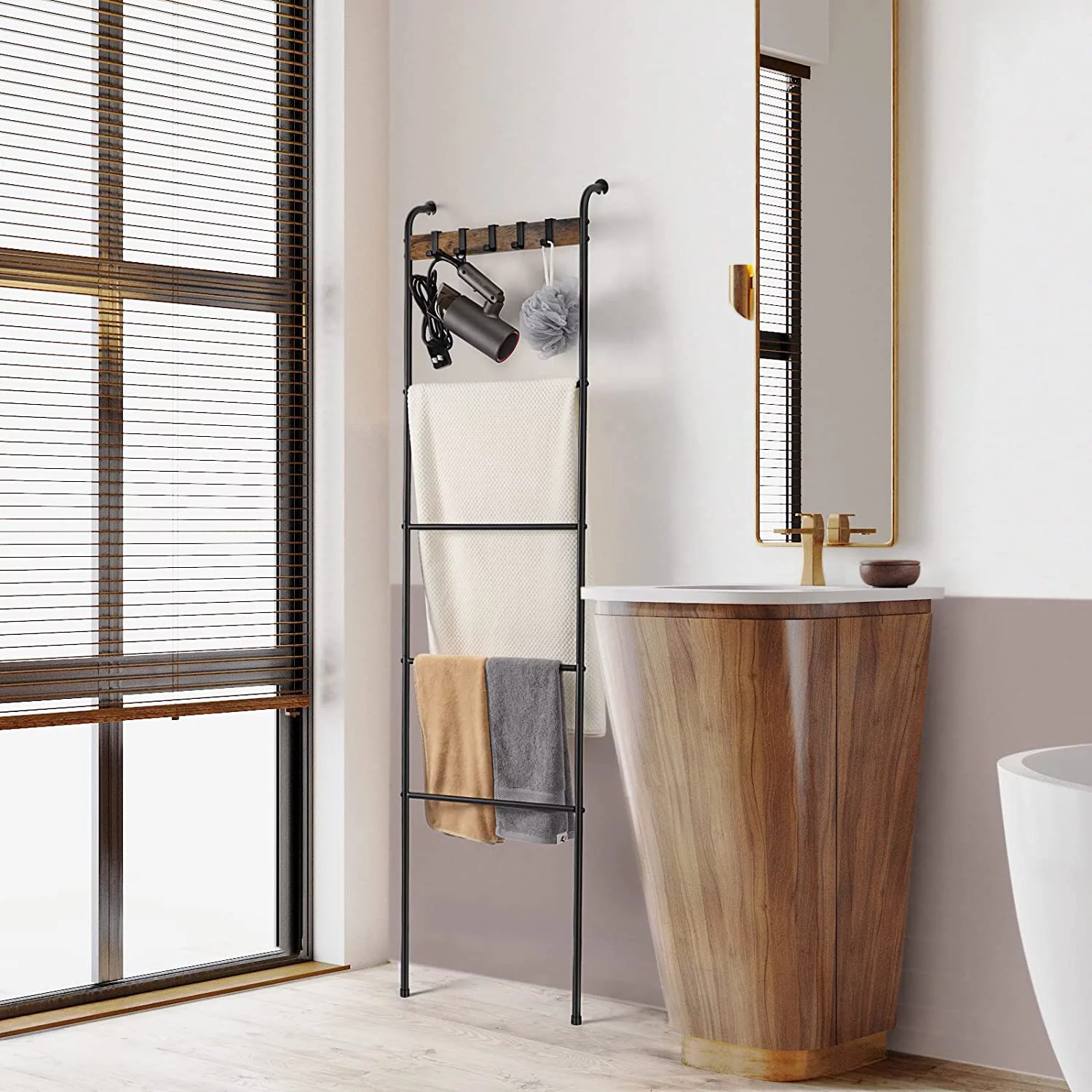 Oumilen 5 Tier 64.5 in. Farmhouse Wall Mounted Blanket Ladder Rack with 5 Hanging Hooks (LT-BFE182-141)