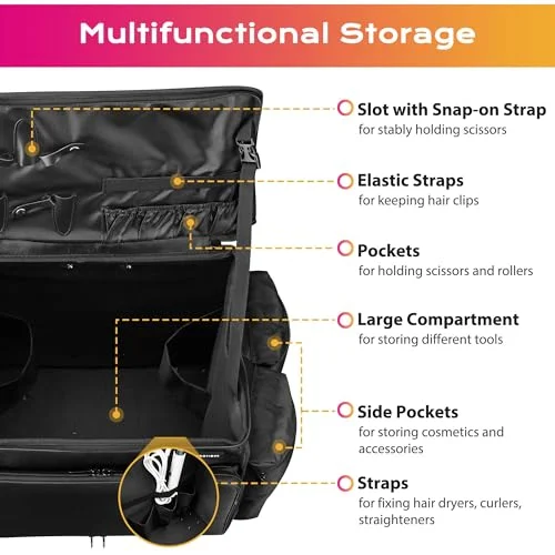 BYOOTIQUE Rolling Makeup Train Case Soft Sided Travel Cosmetic Organizer Storage 1680D Nylon Fabric Trolley Suitcase Foldable Mobile Barber Station Makeup Artist Hairstylist, Black