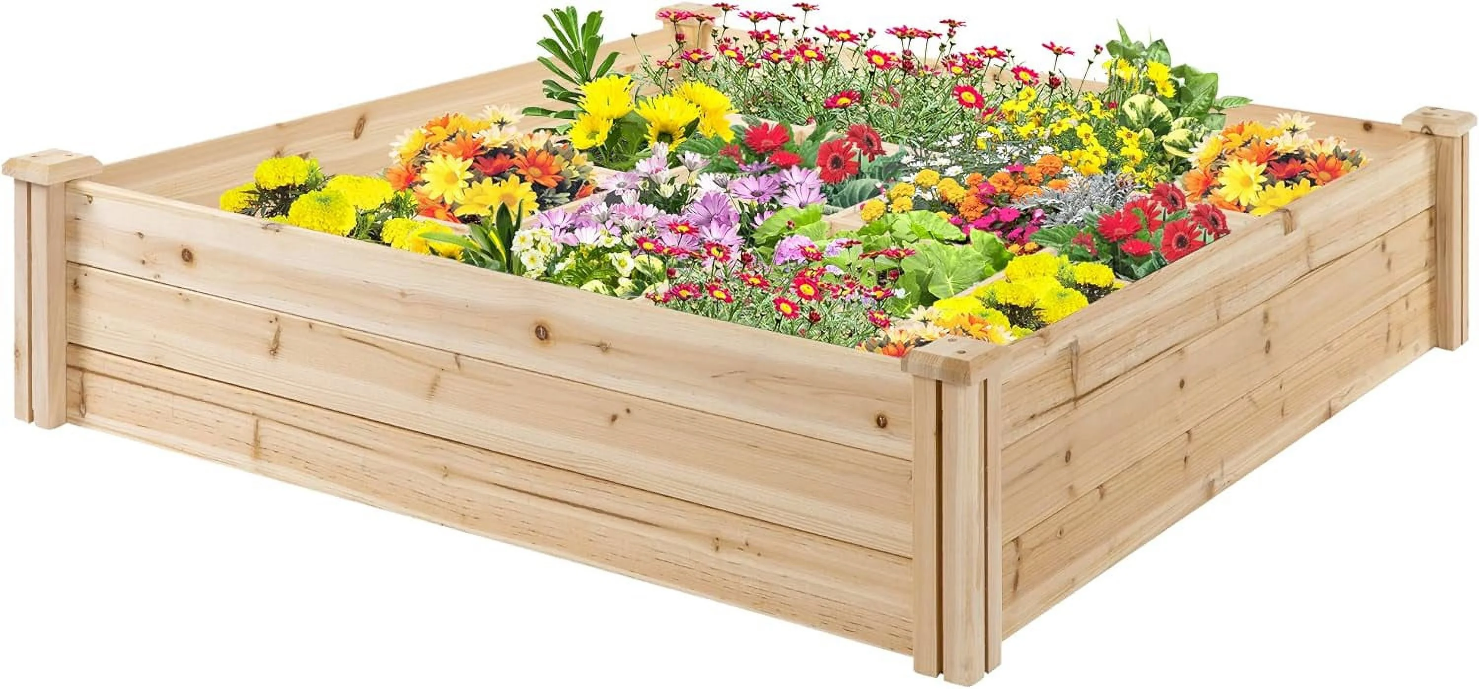 Outsunny Raised Garden Bed Kit, 4' x 4' Outdoor Wooden Planter Box with 9 Growing Grids, for Plants and Herbs